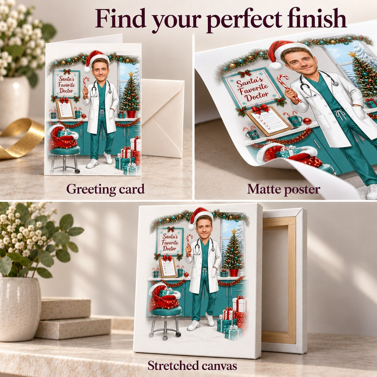 Matte poster, 5x7 greeting card with envelope, and stretched canvas ready to hang
