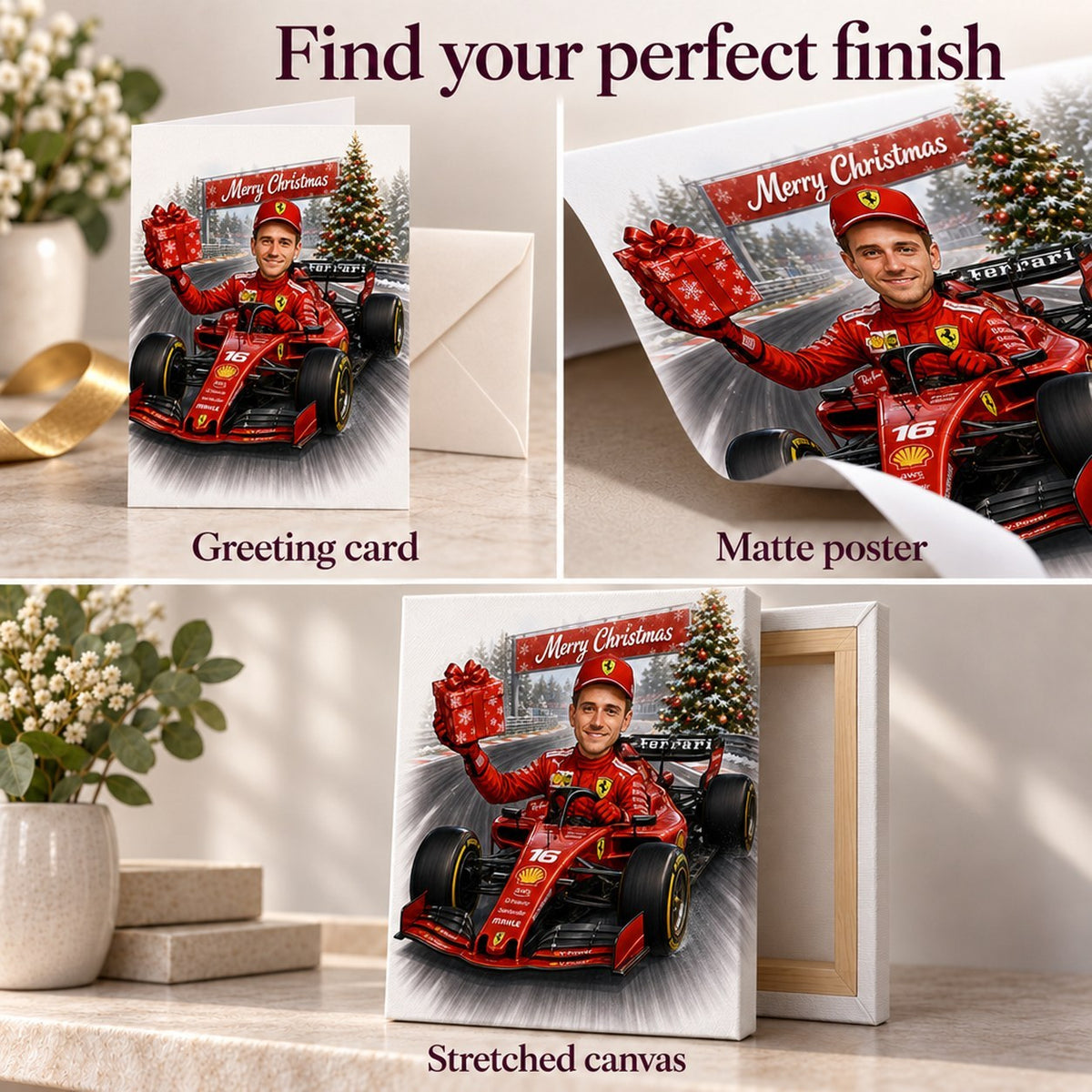 Greeting card with envelope, matte poster prints, and ready-to-hang stretched canvas display.