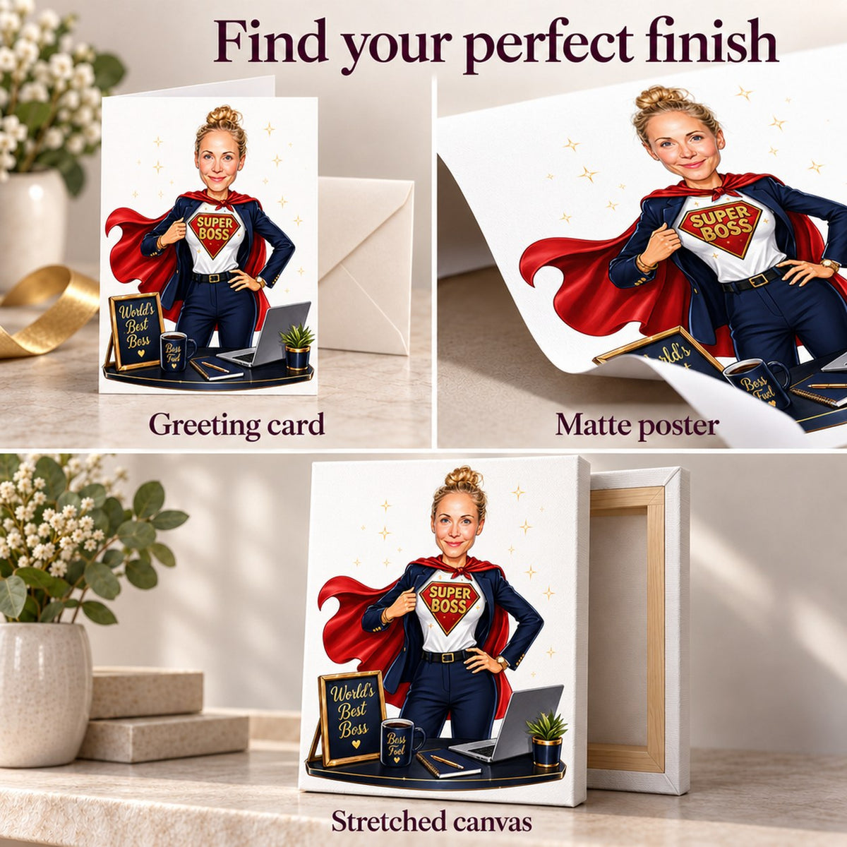Matte poster, greeting card, and stretched canvas finishes shown close up.