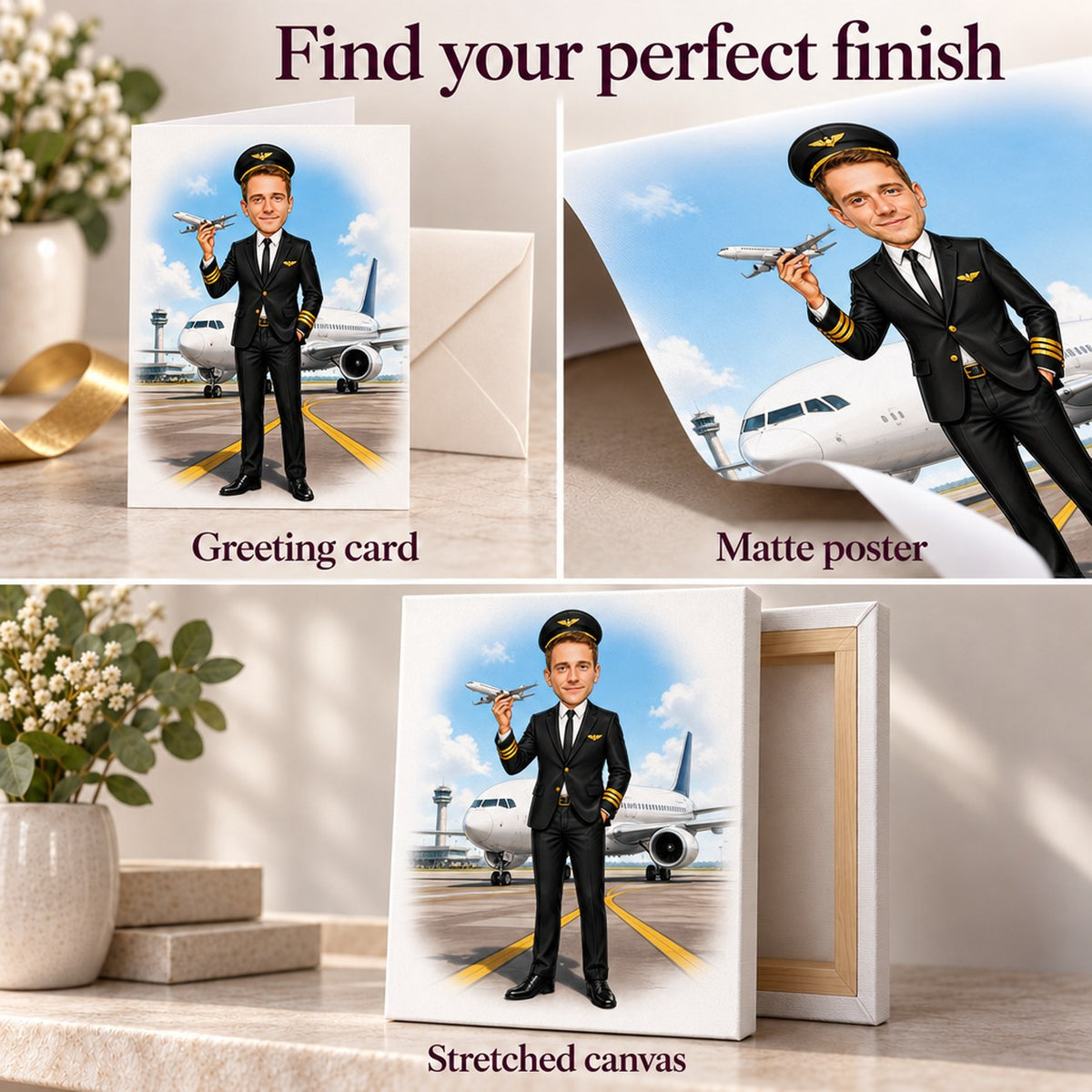 Closeups showing greeting card paper, matte poster surface, and stretched canvas edges.