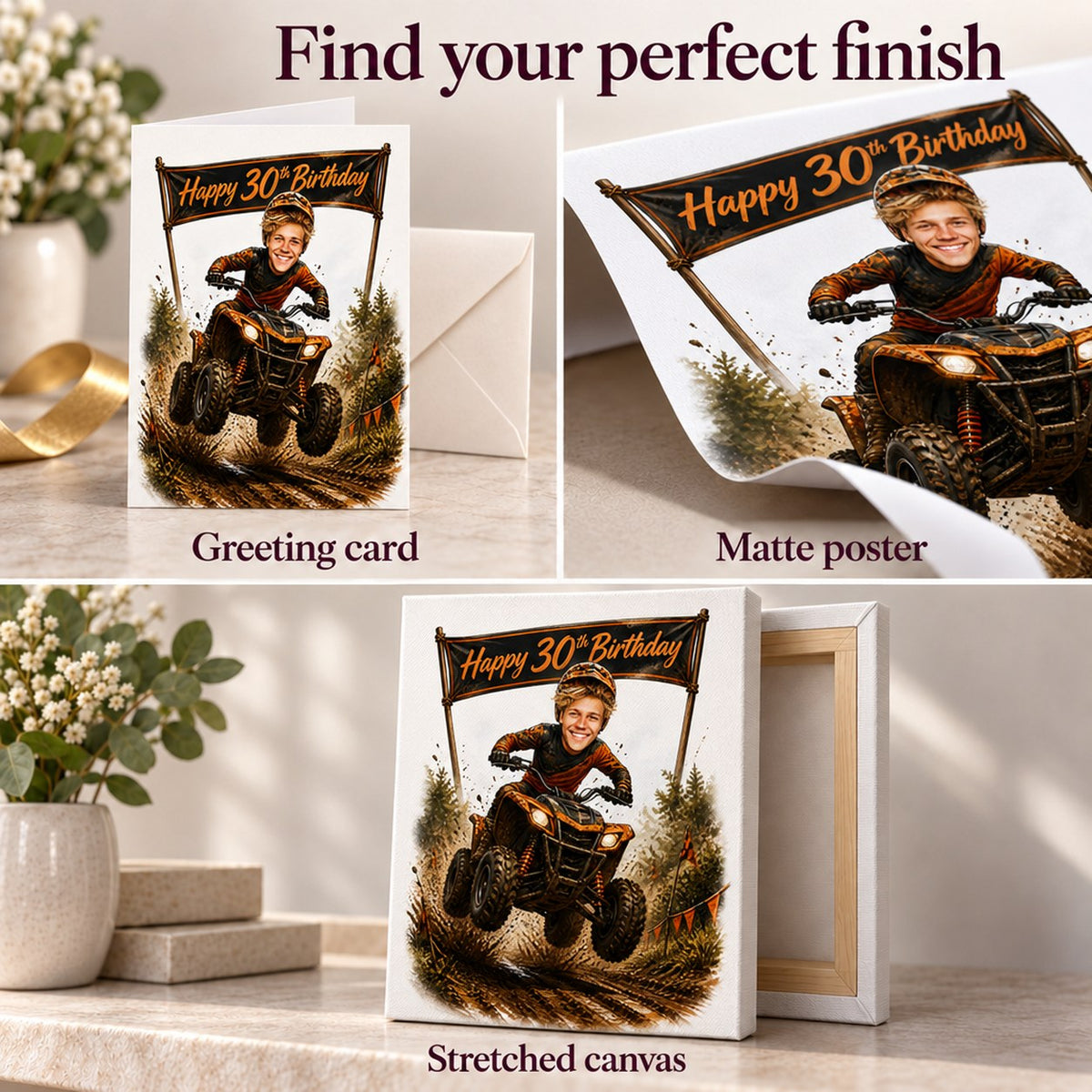 Close-up of greeting card, matte poster, and stretched canvas finishes for the ATV caricature