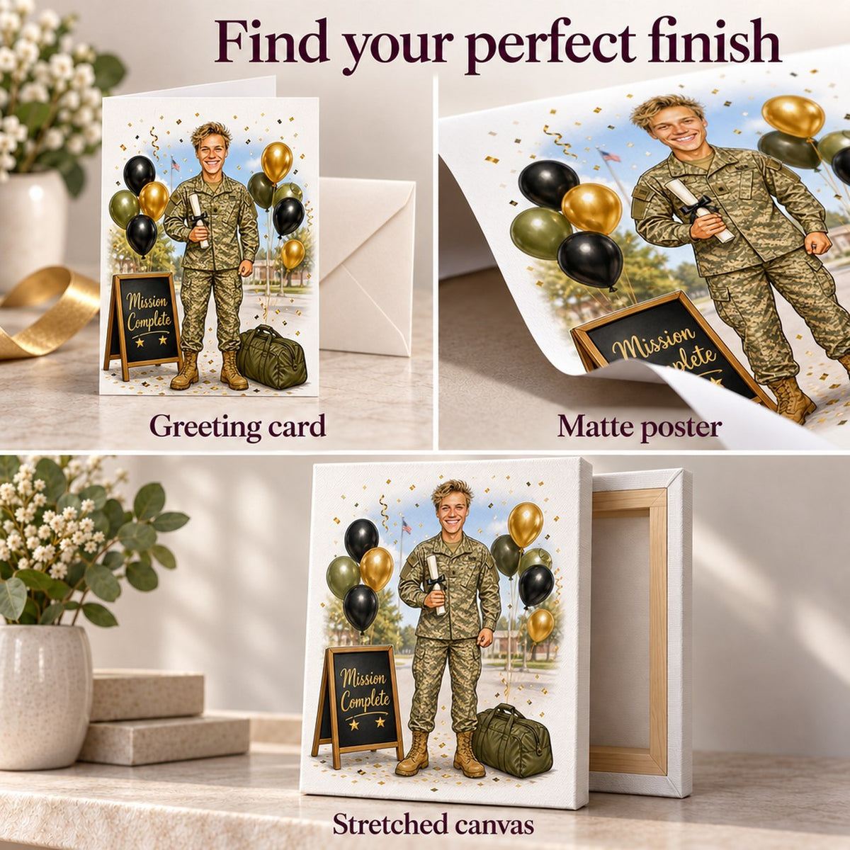 Greeting card, matte poster, and stretched canvas finishes of the graduation caricature.