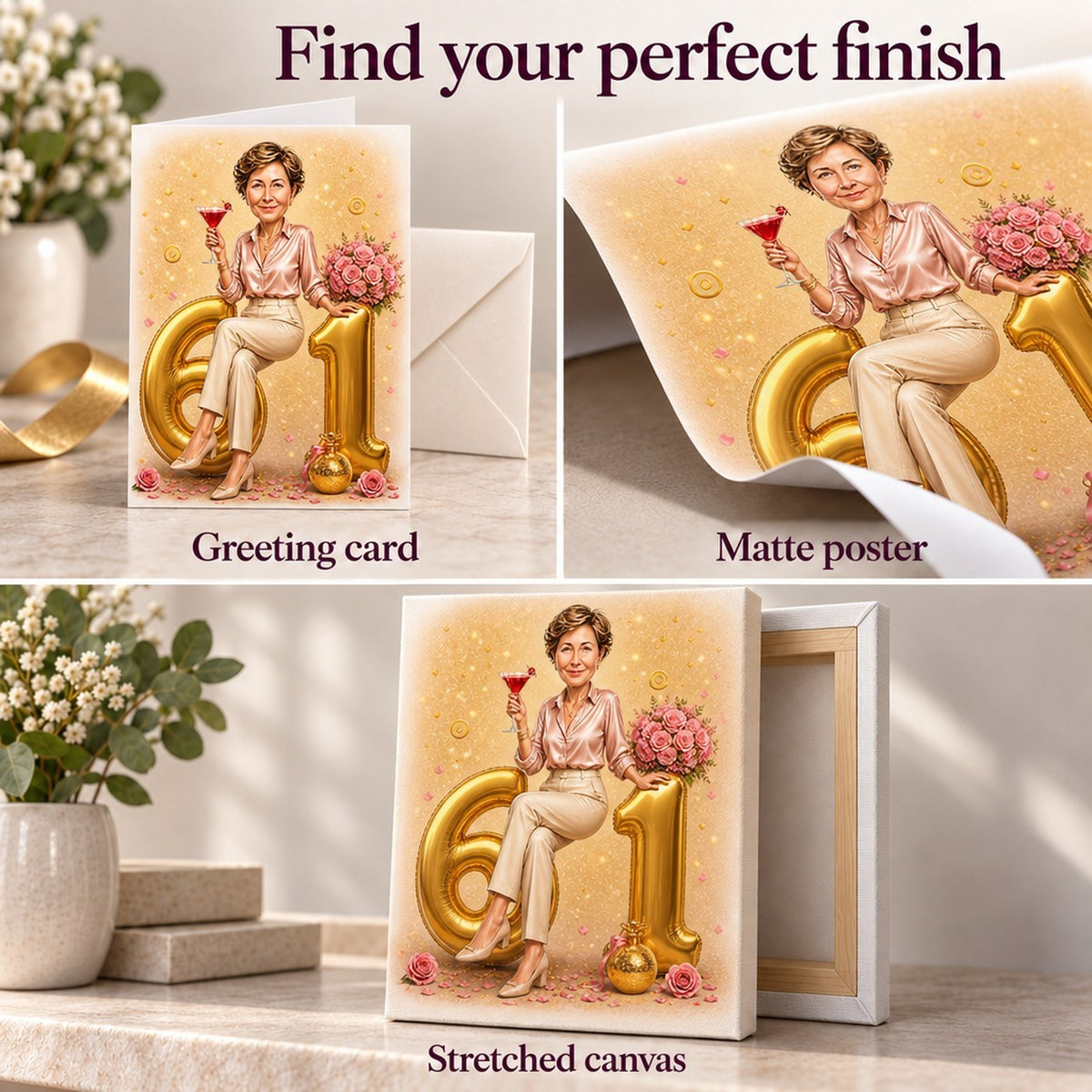 Closeups of greeting card, matte poster, and stretched canvas textures on a golden backdrop.
