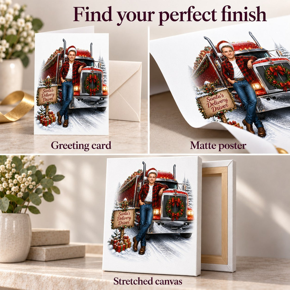 Greeting card, matte poster, and stretched canvas finishes for trucker Christmas artwork.