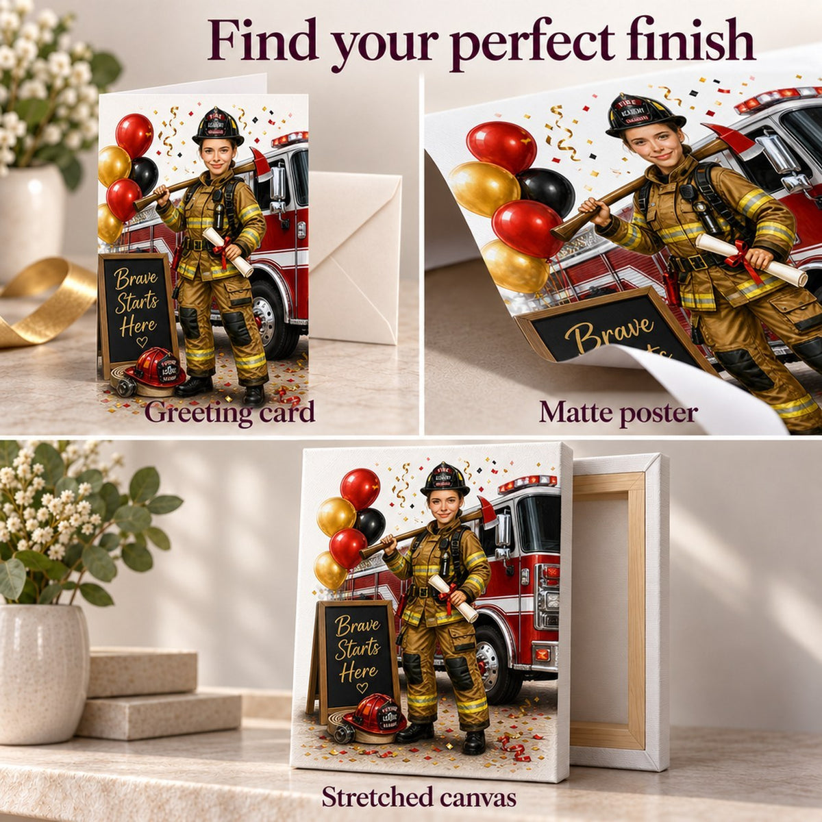 Greeting card with envelope, matte poster, and ready-to-hang stretched canvas options.