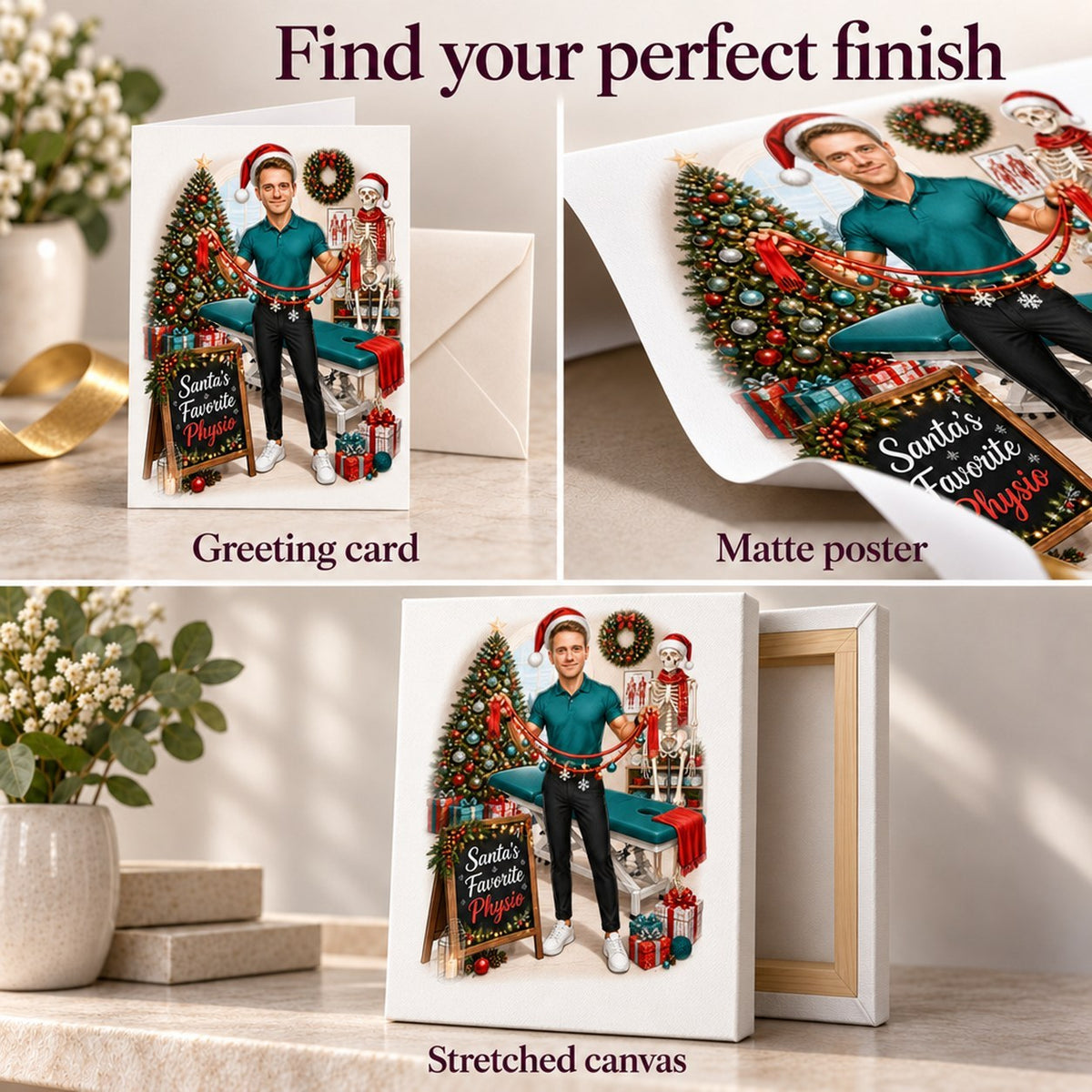 Matte poster, 5x7 greeting card, and stretched canvas print of physio holiday scene.