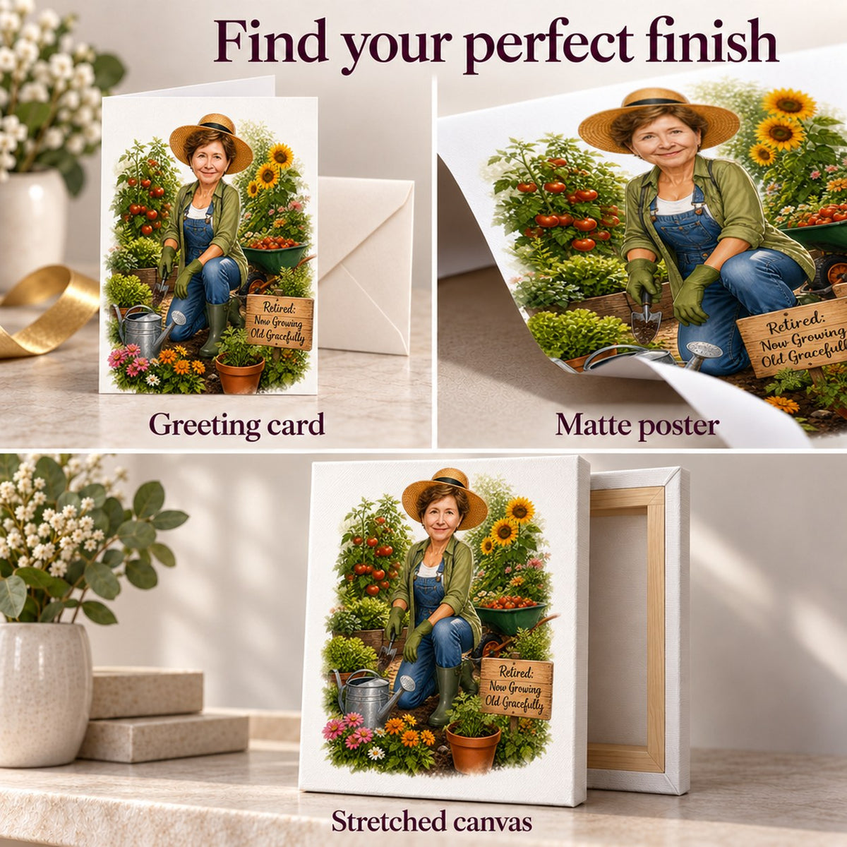 Matte poster, stretched canvas, and 5x7 greeting card options shown side by side