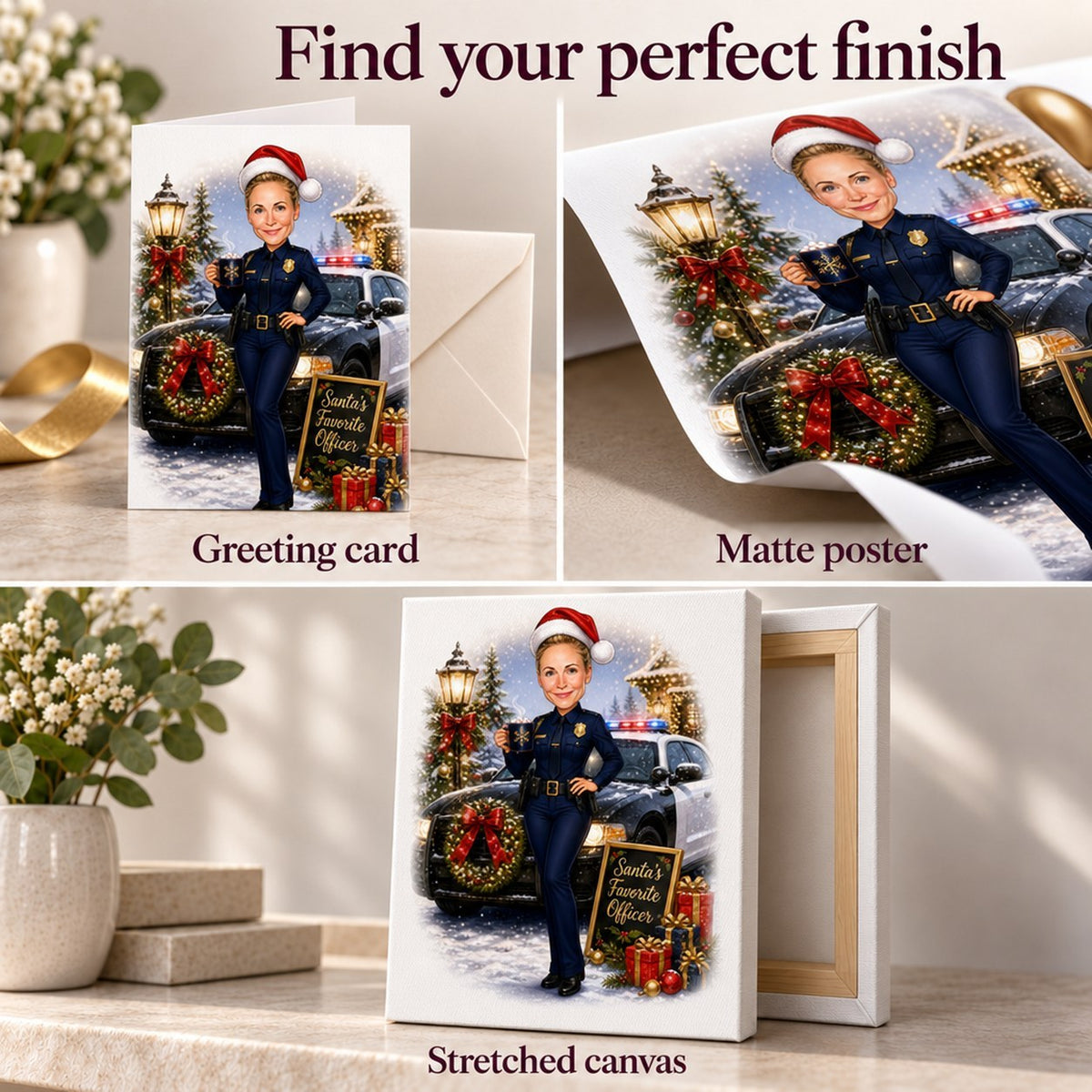 Greeting card, matte poster, and stretched canvas finishes for police Christmas design.