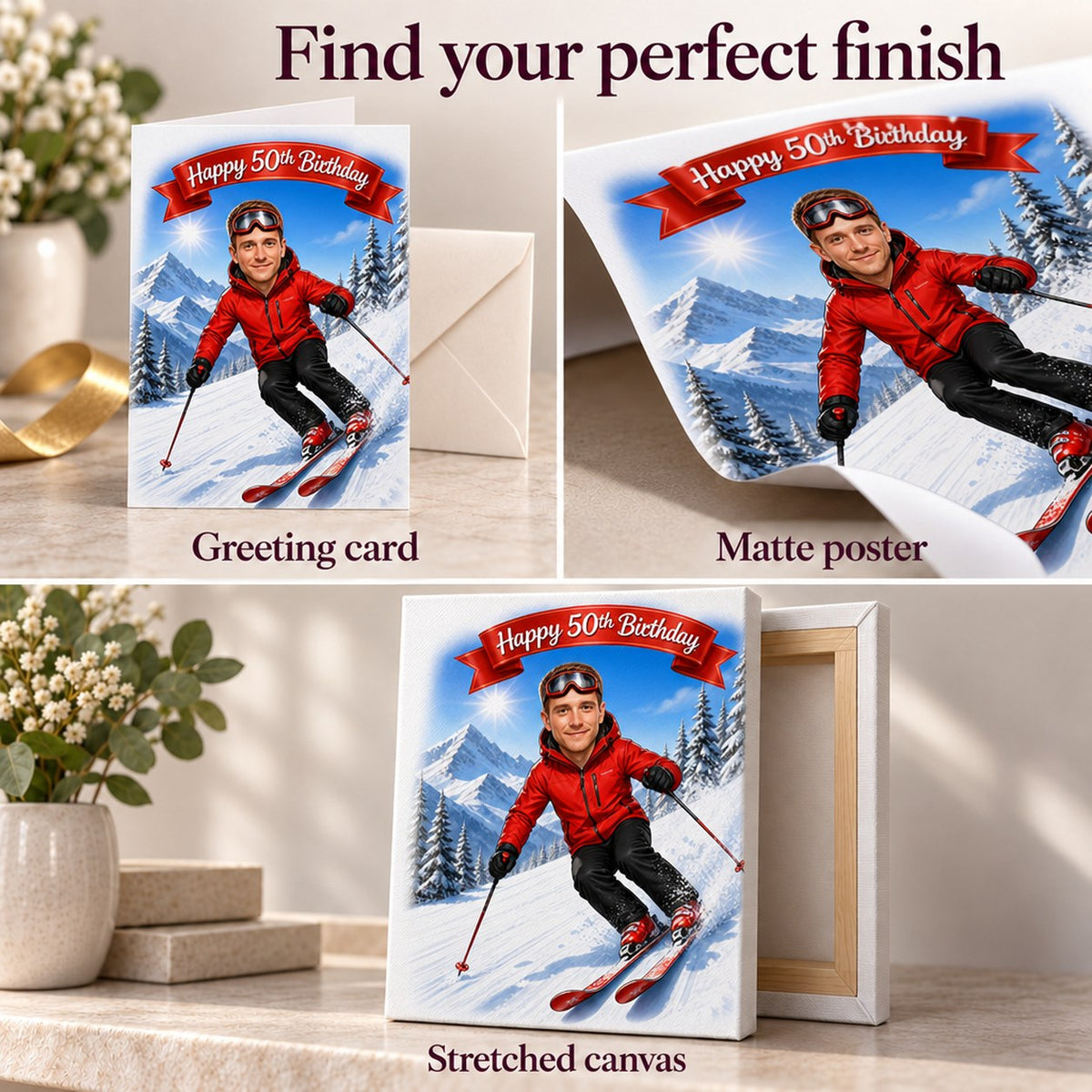 Matte poster, greeting card, and stretched canvas finishes for ski caricature