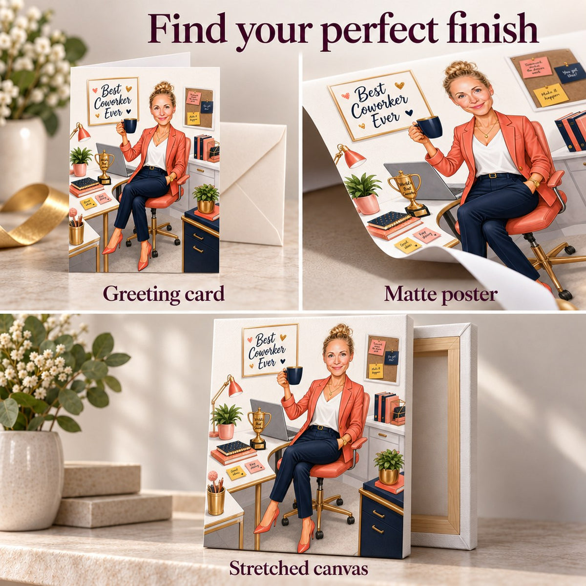 Greeting card, matte poster, and stretched canvas finishes of custom office coworker artwork.