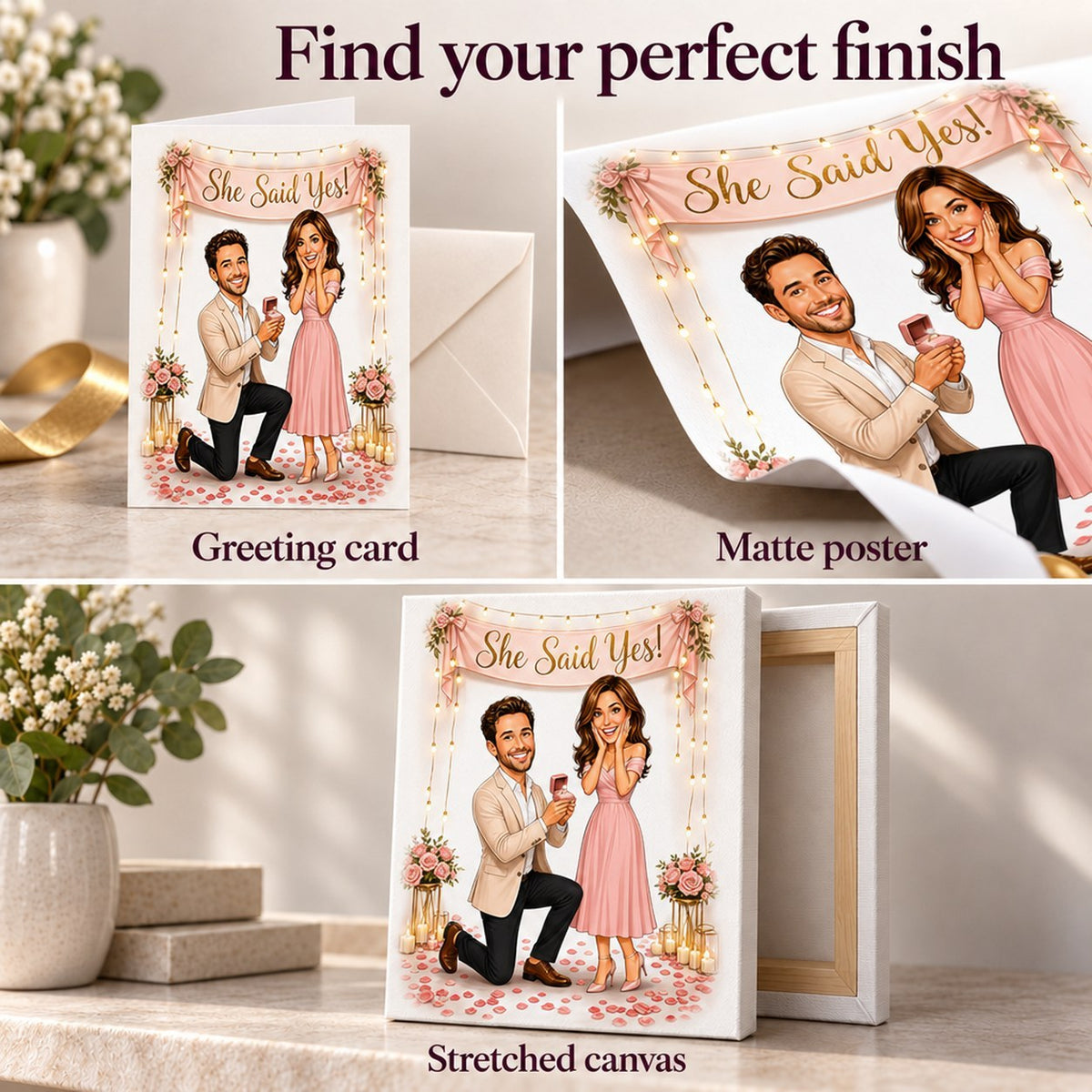 Matte poster, greeting card with envelope, and stretched canvas ready to hang.