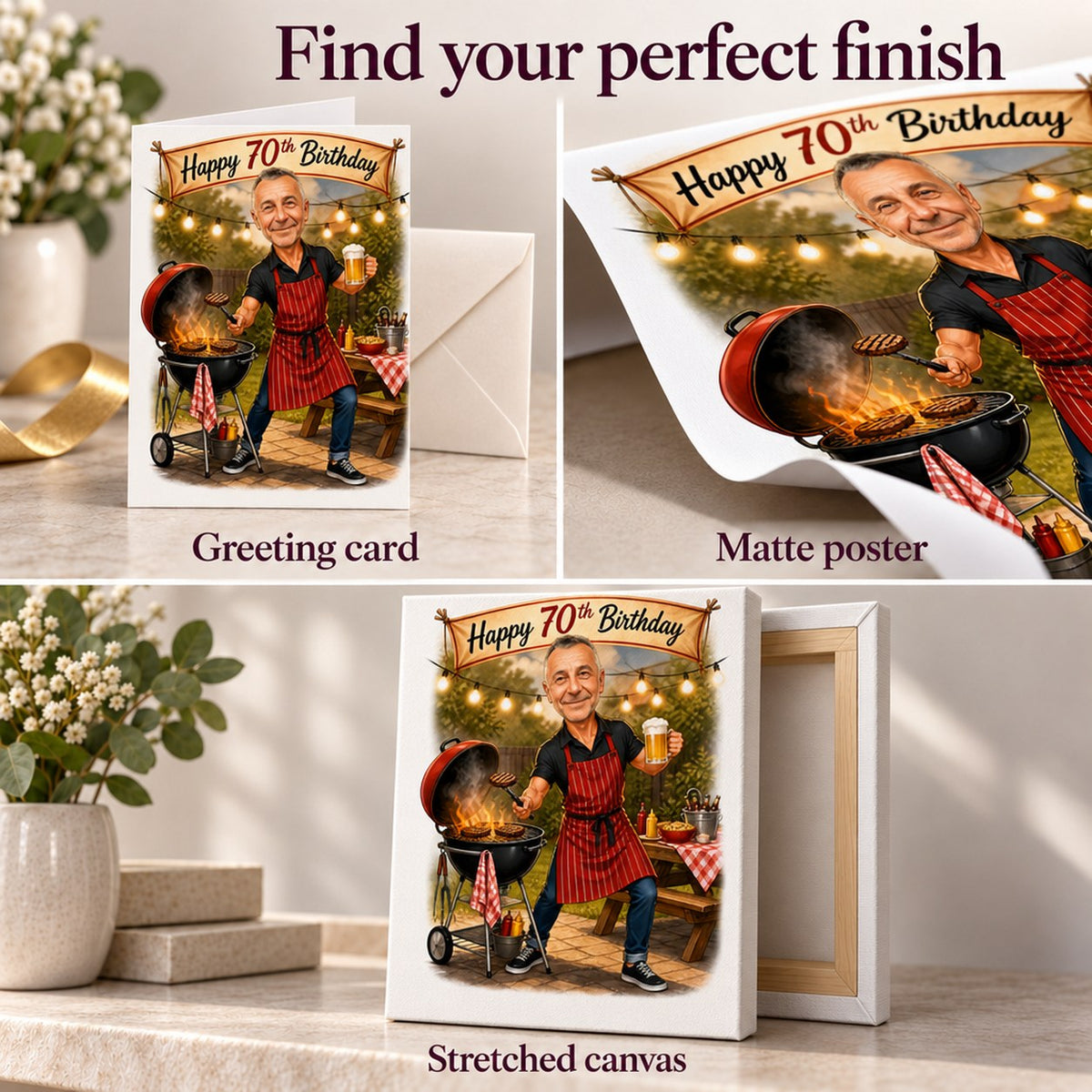 Close-up of matte poster, greeting card with envelope, and ready-to-hang stretched canvas.