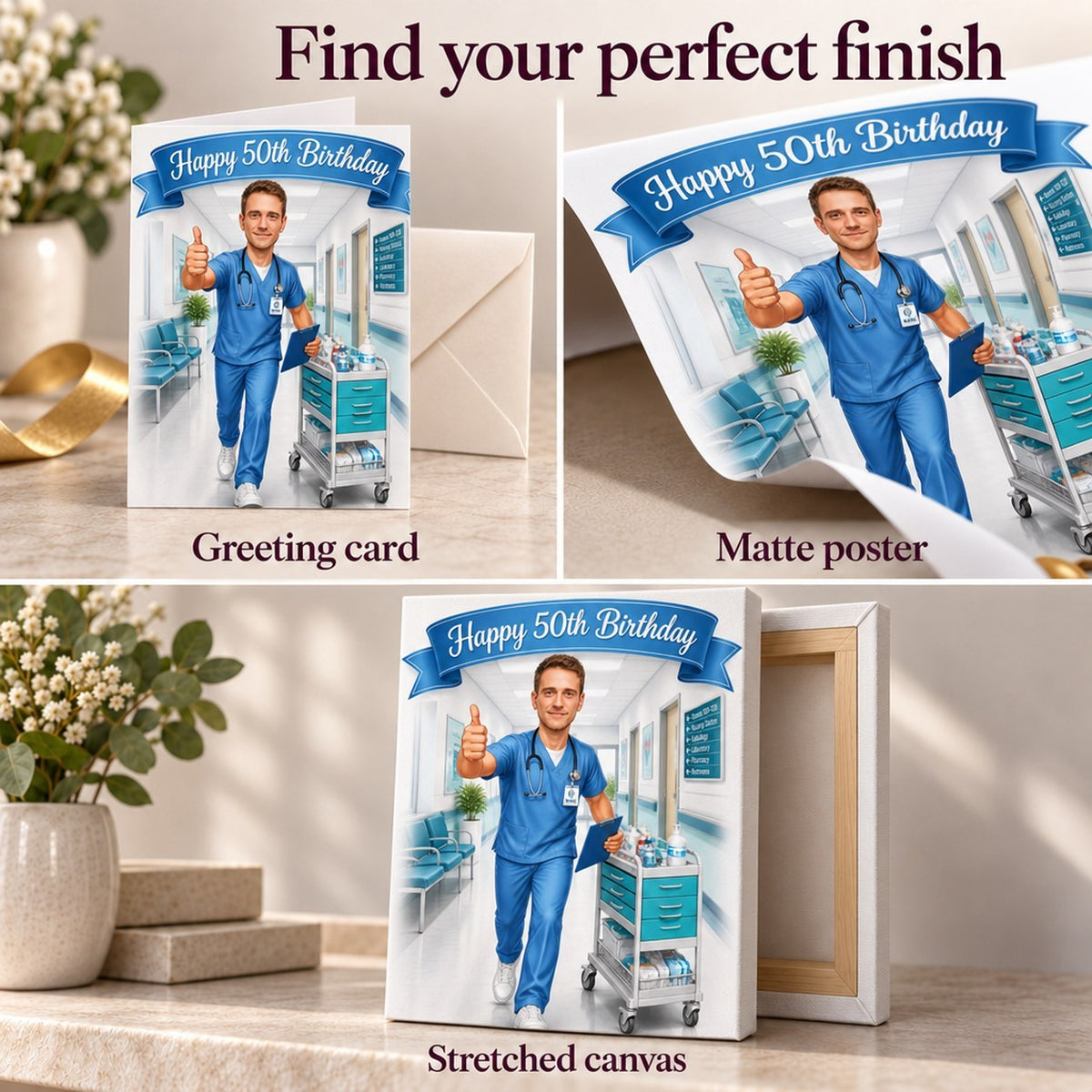 Matte poster, folded greeting card, and gallery-wrapped canvas finish close-ups.