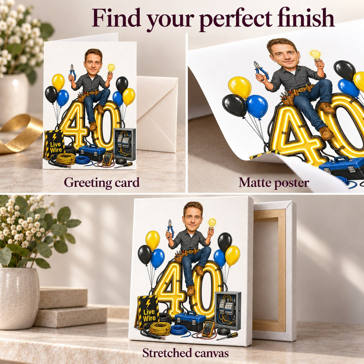Matte poster, stretched canvas, folded greeting card with envelope, and digital download preview.