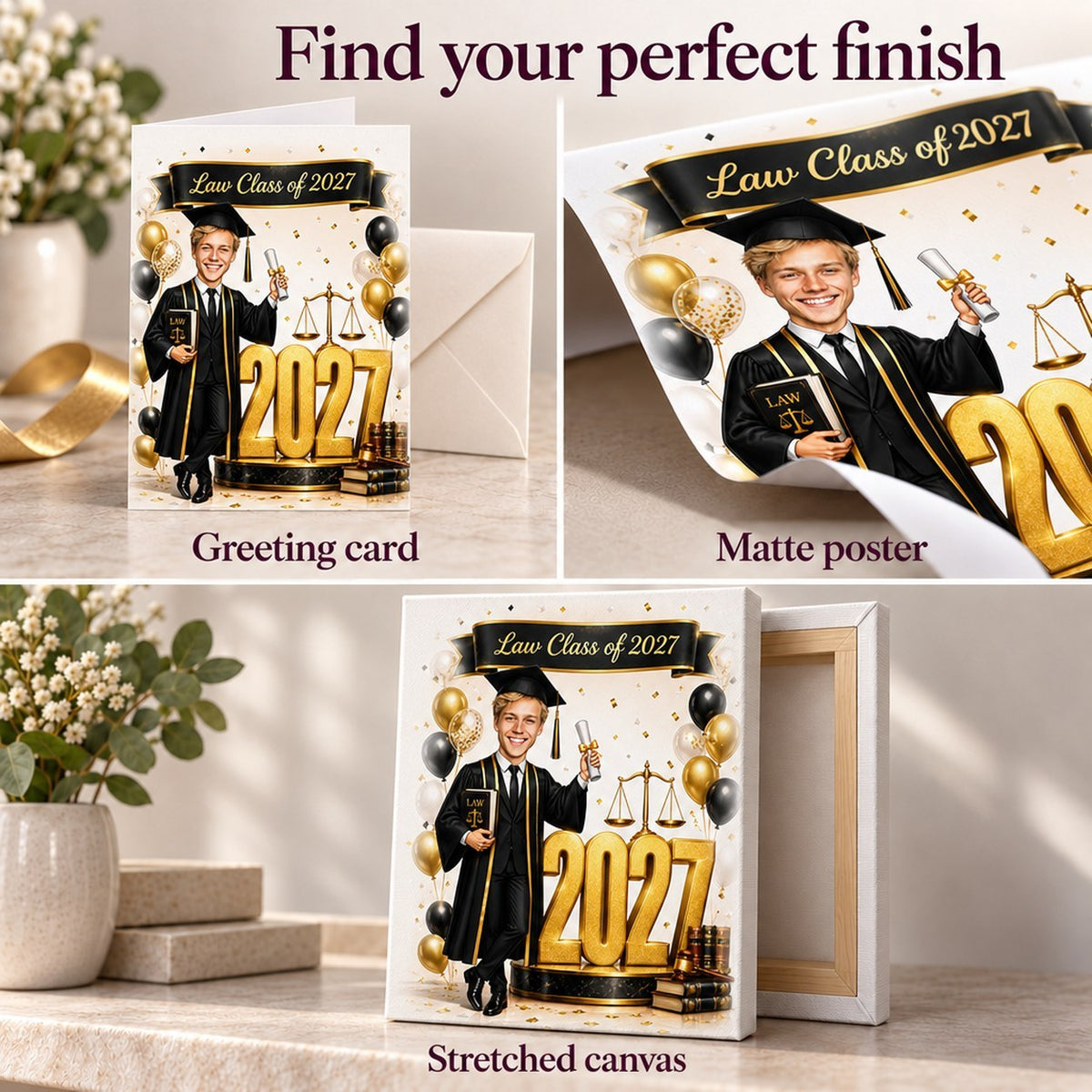 Closeups of matte poster, stretched canvas, and greeting card with envelope showing law design.