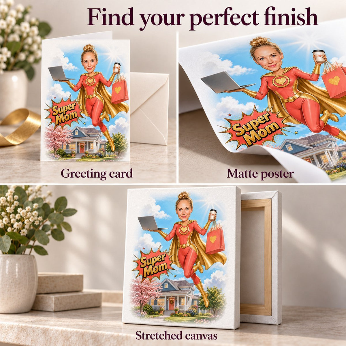 Greeting card, matte poster, and stretched canvas finishes for Super Mom caricature