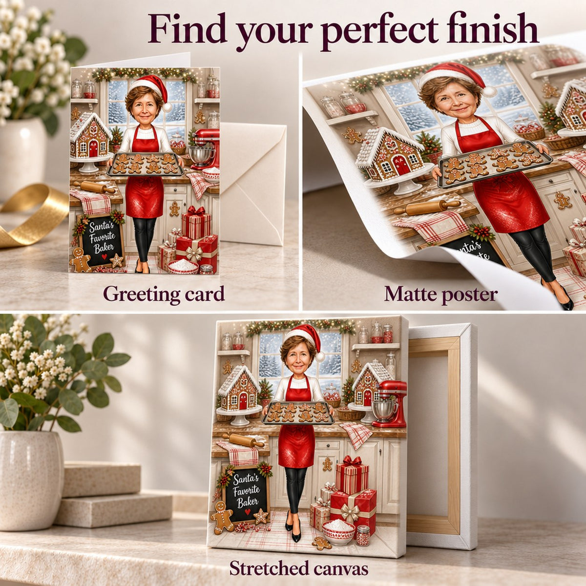 Greeting card, matte poster, and stretched canvas finishes shown with rich, festive colors.