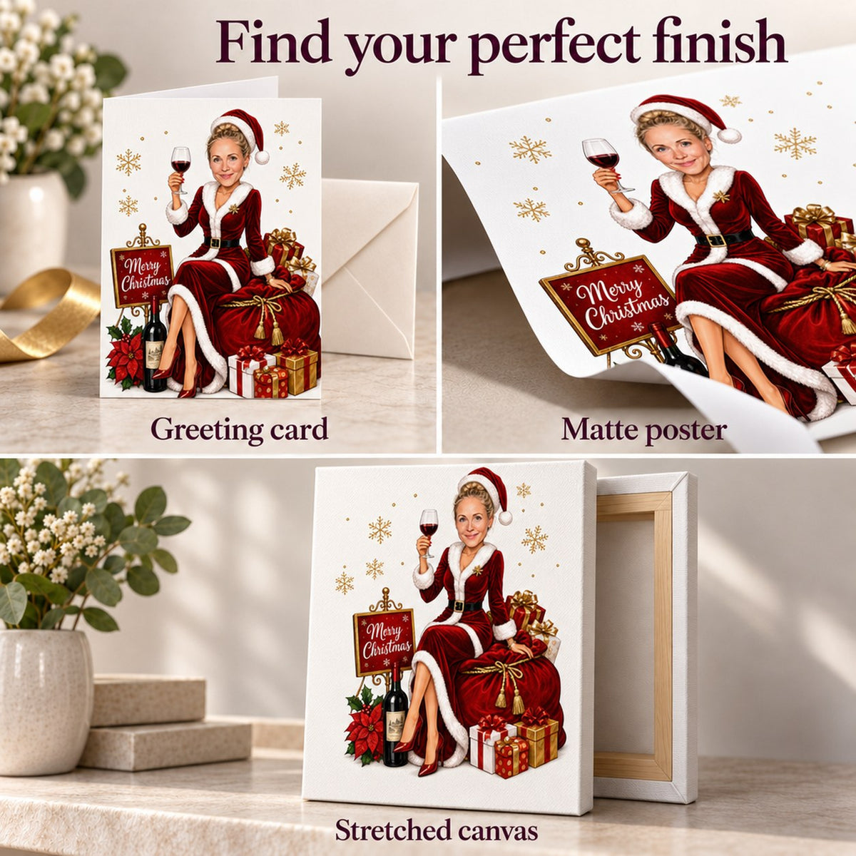 Closeups of greeting card, matte poster, and stretched canvas print surfaces and edges.
