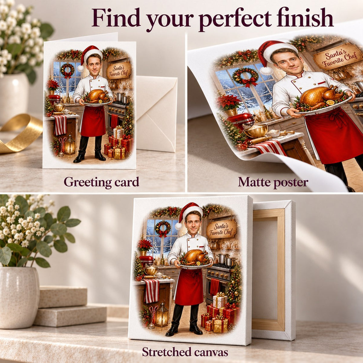 Matte poster, stretched canvas, and 5x7 card with envelope shown for chef caricature.