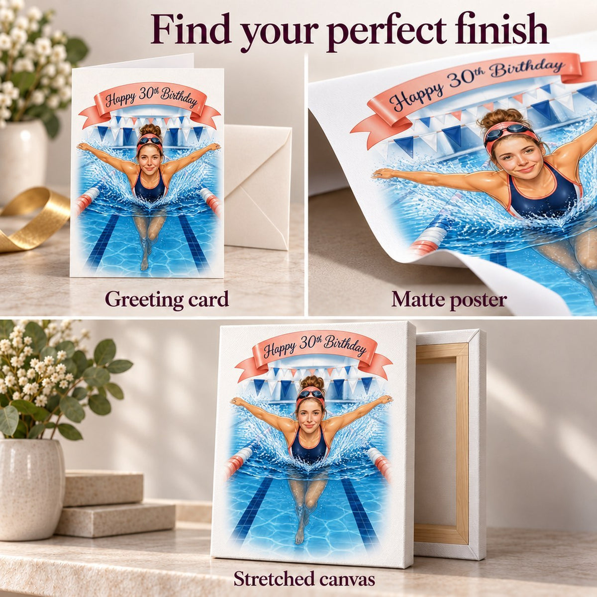 Matte poster, 5x7 greeting card with envelope, and stretched canvas ready to hang.