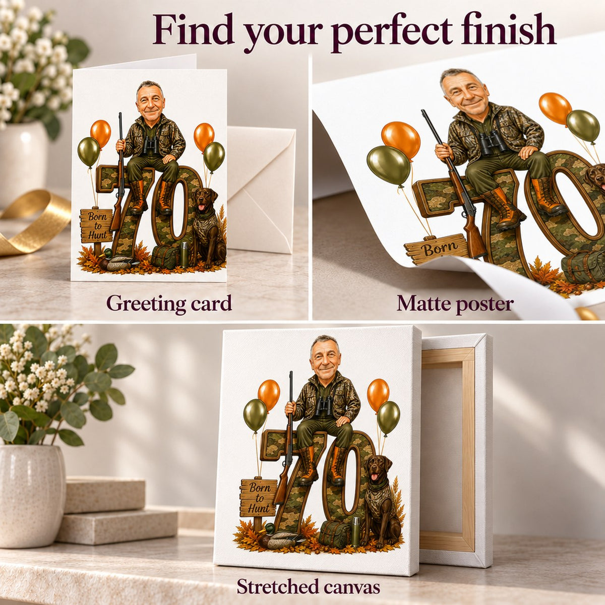 Closeups of greeting card, matte poster print, and stretched canvas texture and edges.