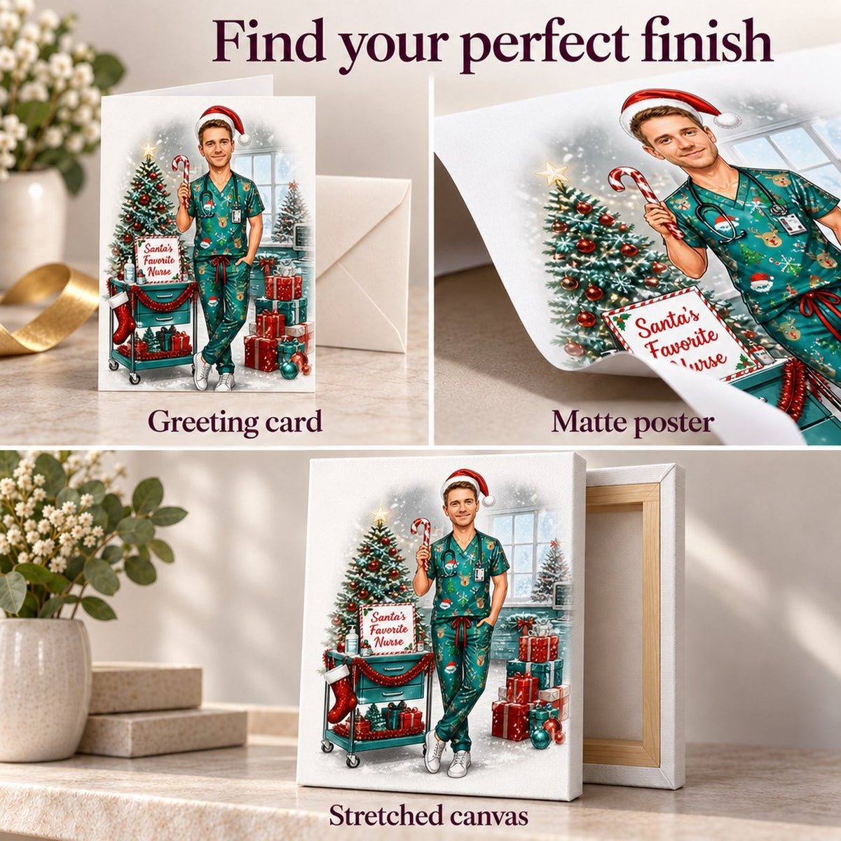 Greeting card with envelope, matte poster unframed, and stretched canvas prints ready to hang.