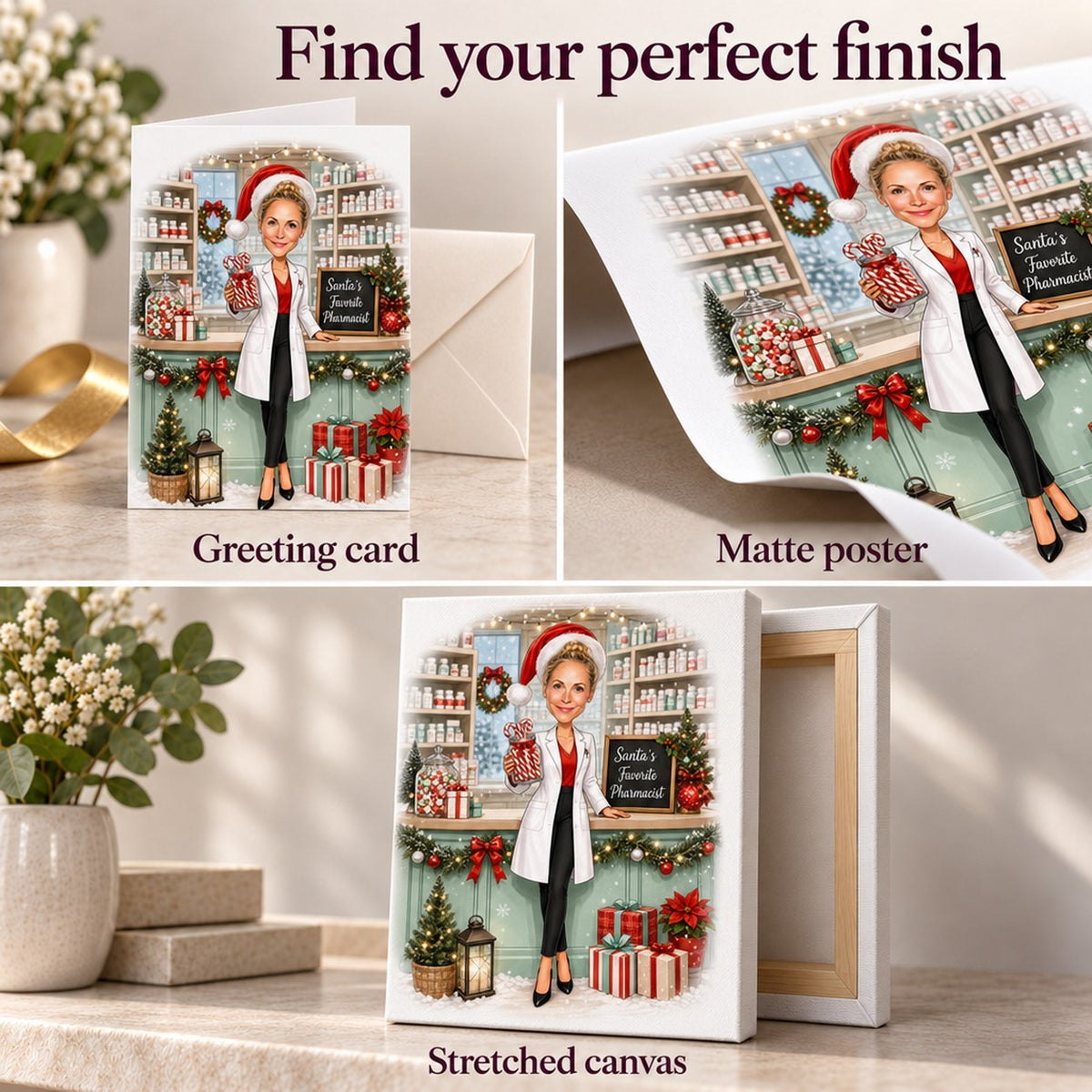 Close-up of matte poster texture, stretched canvas wrap, and folded greeting card with envelope.