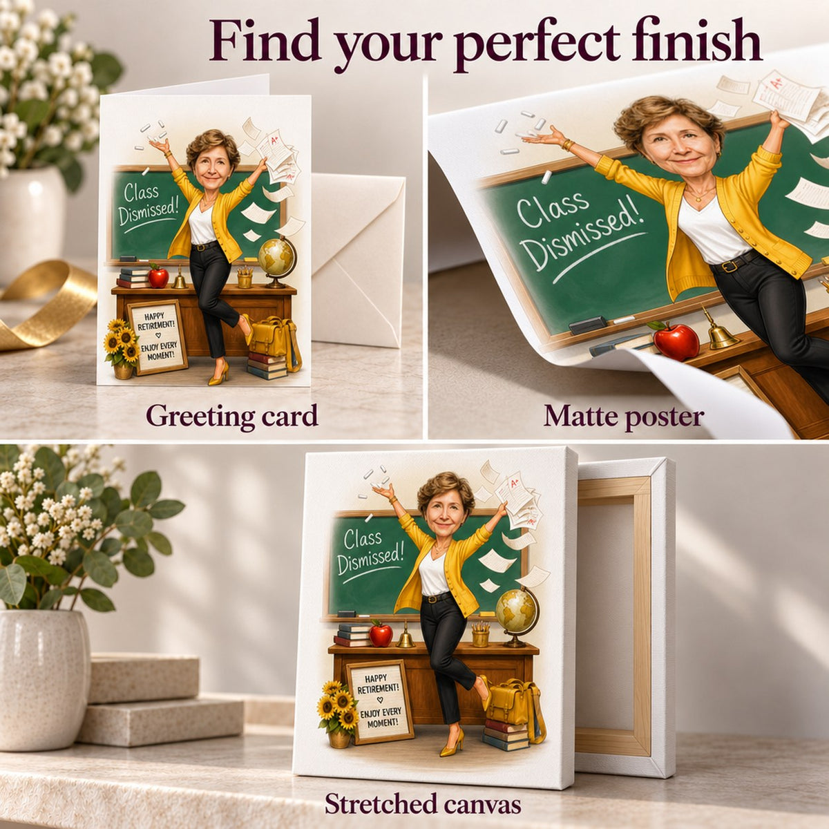 Closeups of matte poster, stretched canvas, and 5x7 greeting card surfaces.