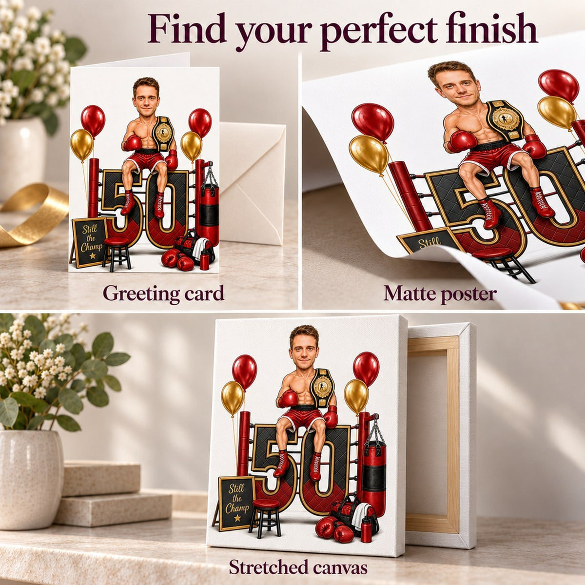 Close-up of matte poster, greeting card, and ready-to-hang stretched canvas finishes