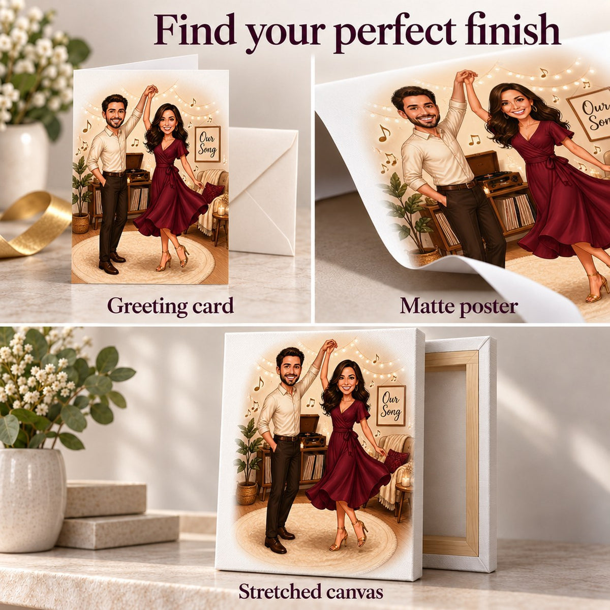 Closeups of card, matte poster texture, and stretched canvas wrap edges