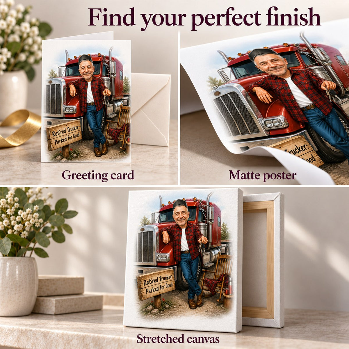 Matte poster, greeting card with envelope, and stretched canvas textures and edges closeup.