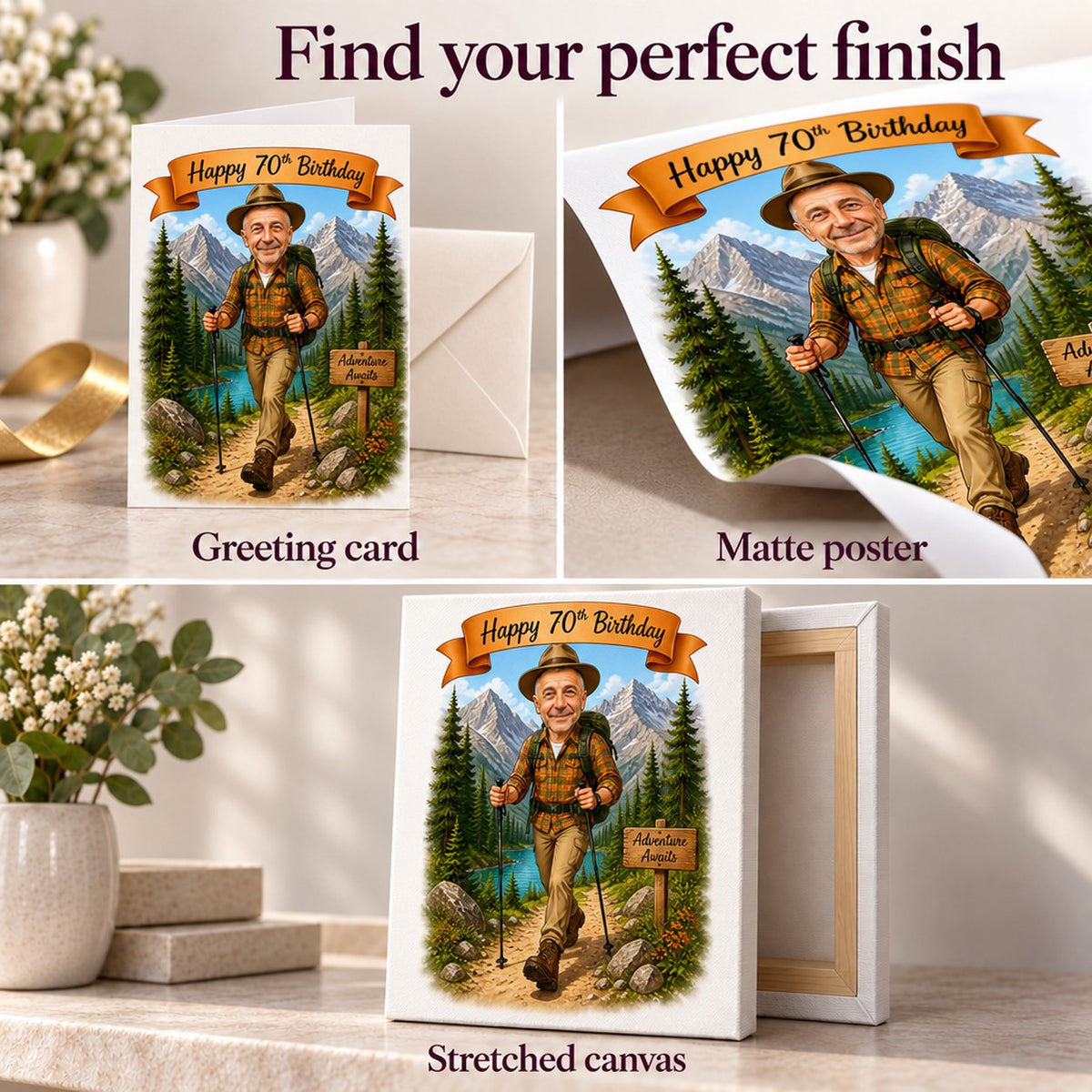 Detail views of matte poster, 5x7 greeting card, and stretched canvas edges.