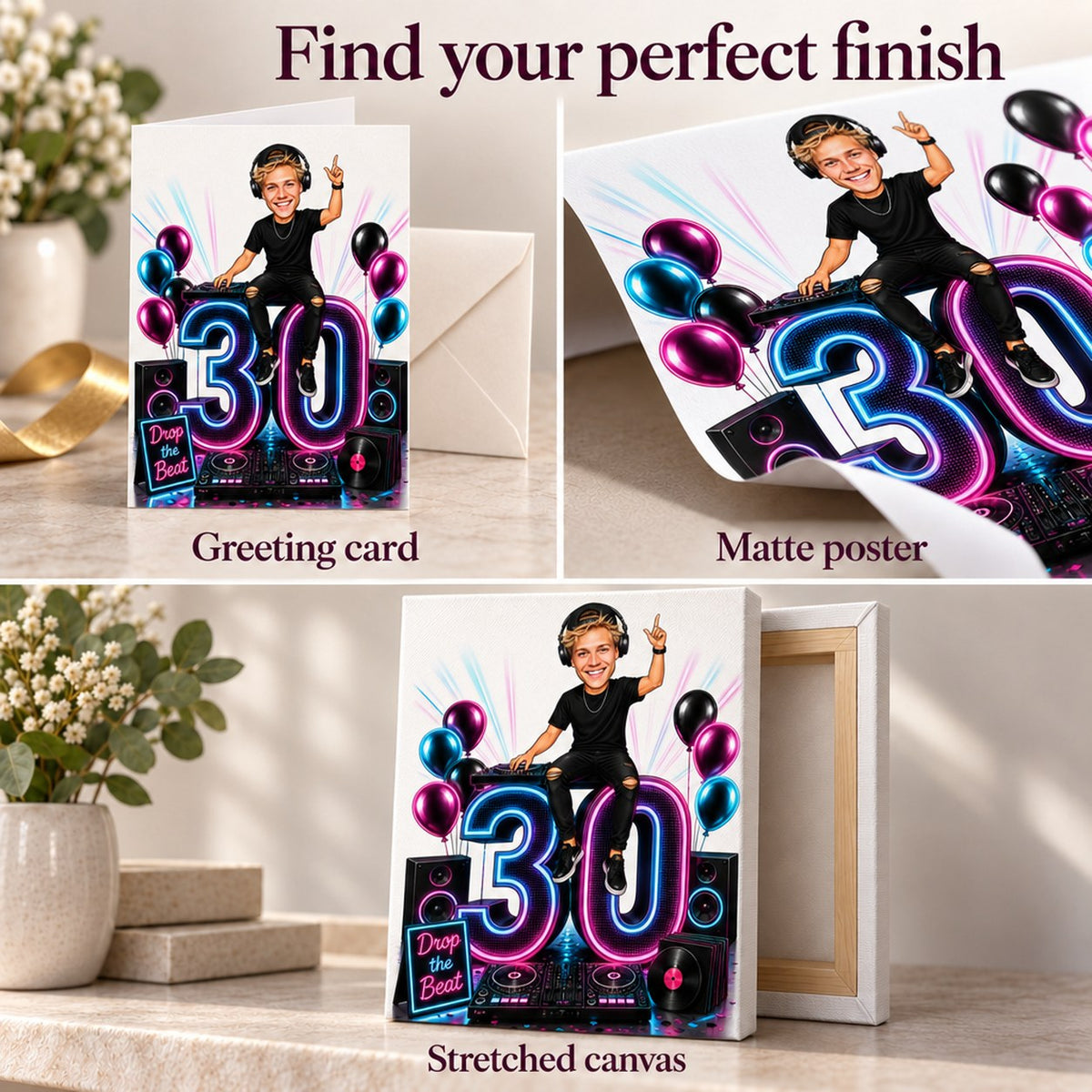 Closeups of greeting card, matte poster, and stretched canvas print finishes.