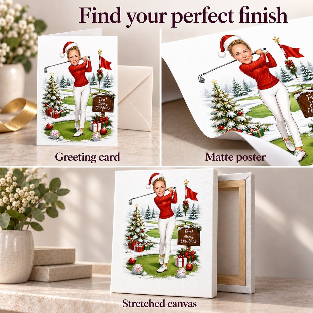Greeting card, matte poster, and stretched canvas finishes for golf caricature.