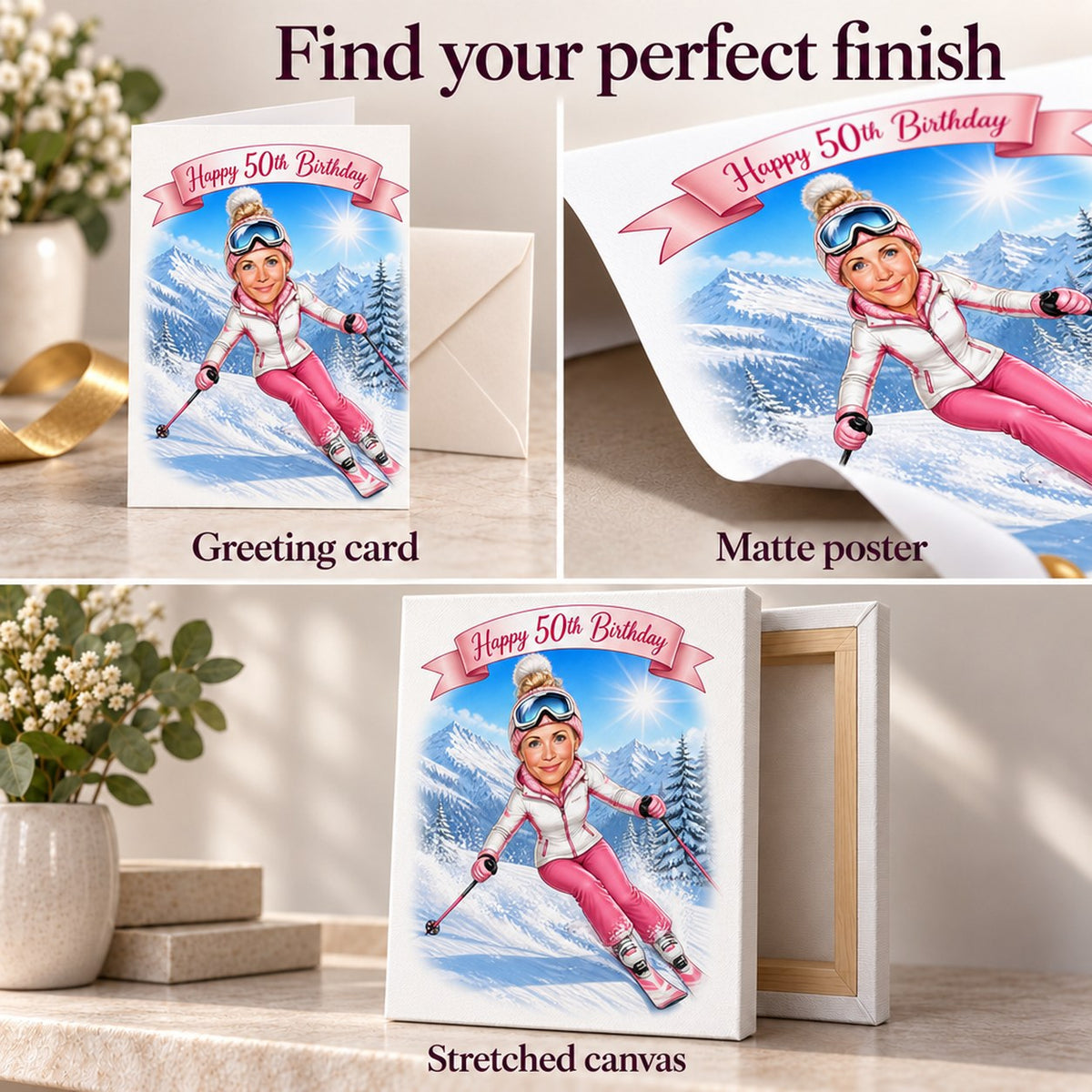 Matte poster, 5x7 card, and stretched canvas finishes for the ski caricature.