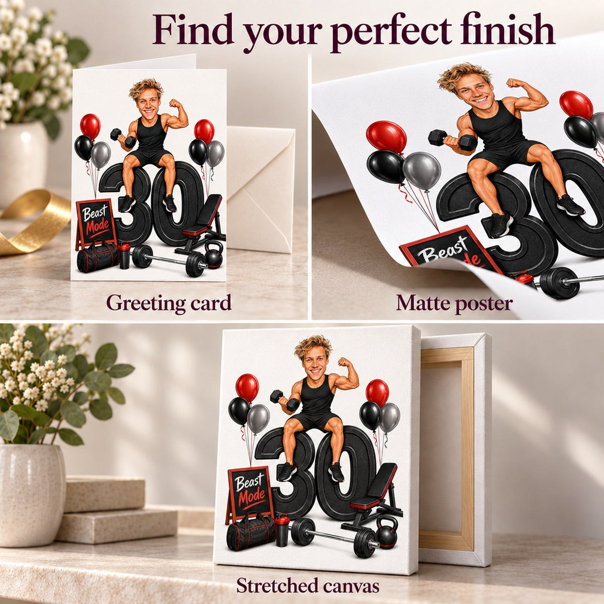 Greeting card, matte poster, and stretched canvas finishes for custom fitness cartoon.