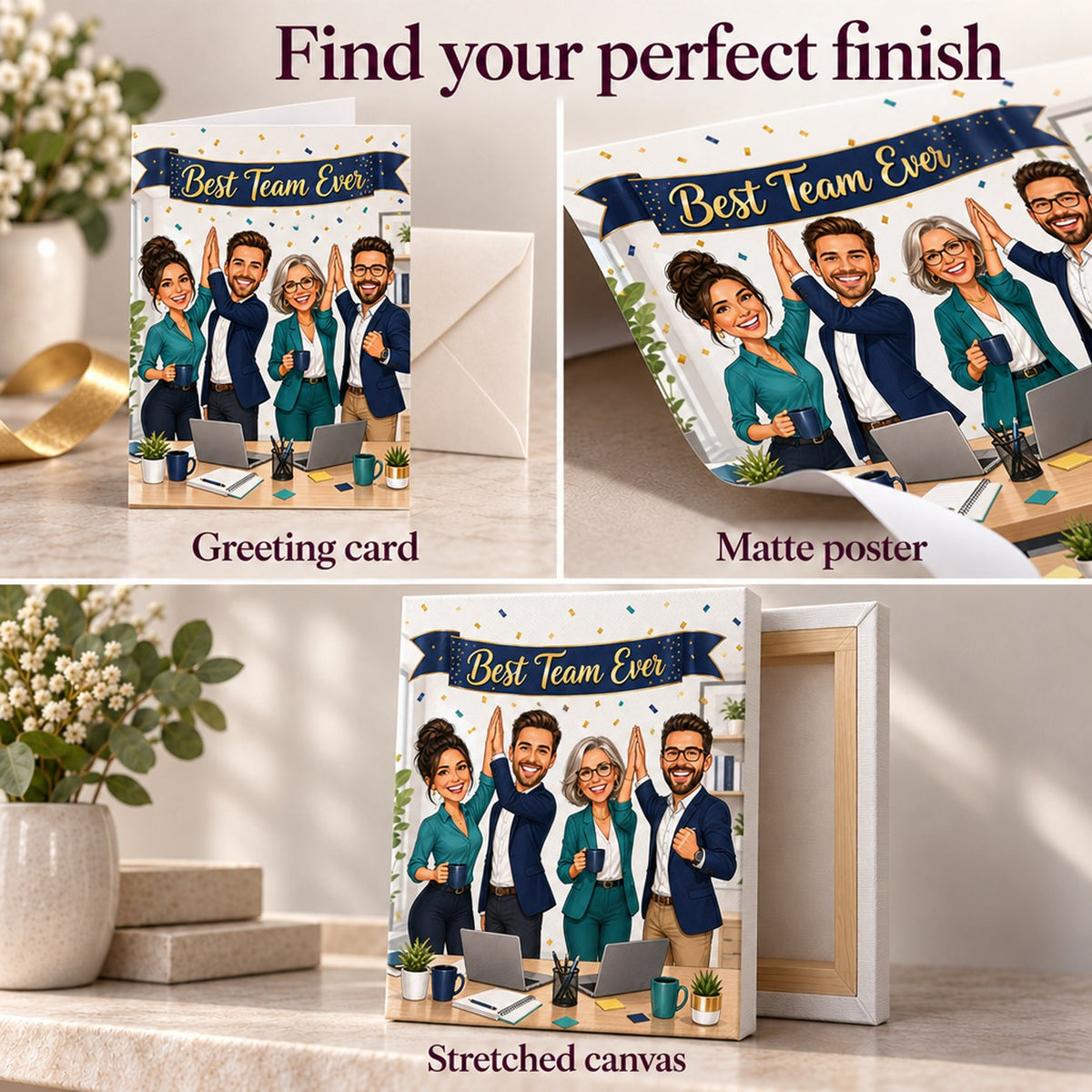 Matte poster, stretched canvas edges, and greeting card with envelope shown close-up.