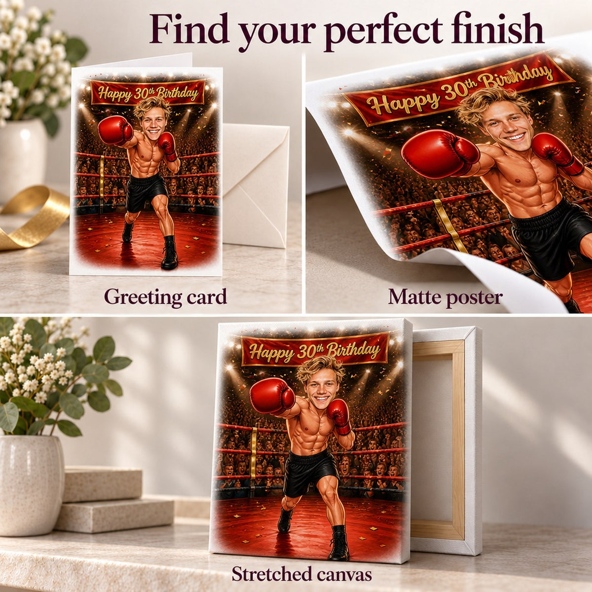 Greeting card, matte poster, and stretched canvas finishes shown for boxer caricature.