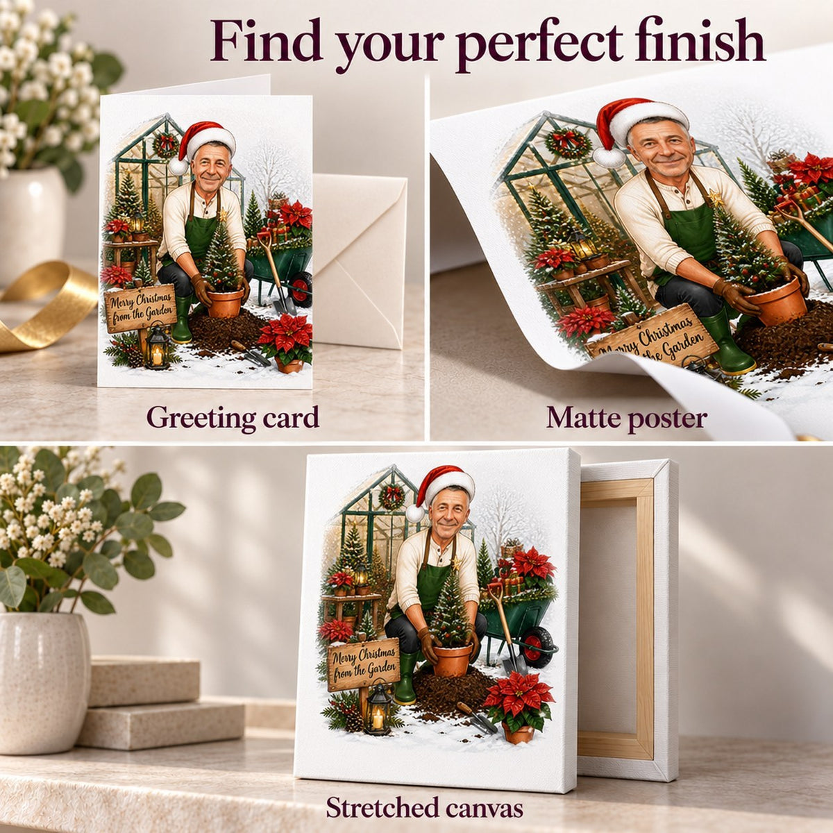 Closeups of card, matte poster, and stretched canvas finishes for gardening Christmas art.