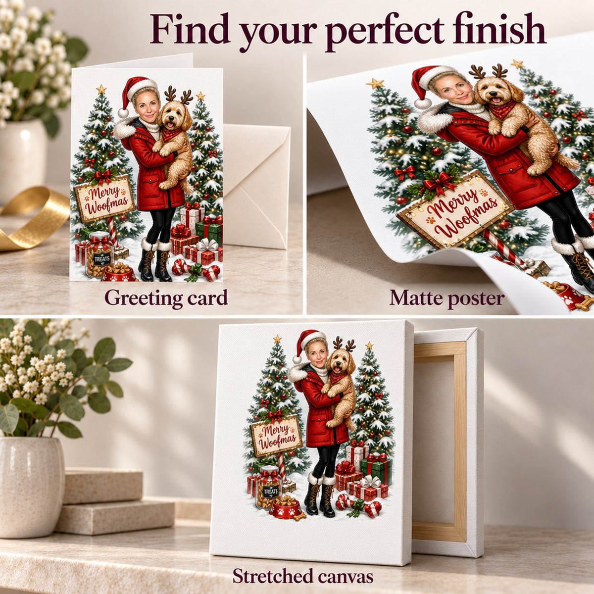 Close-up of greeting card, matte poster, and stretched canvas with crisp festive details