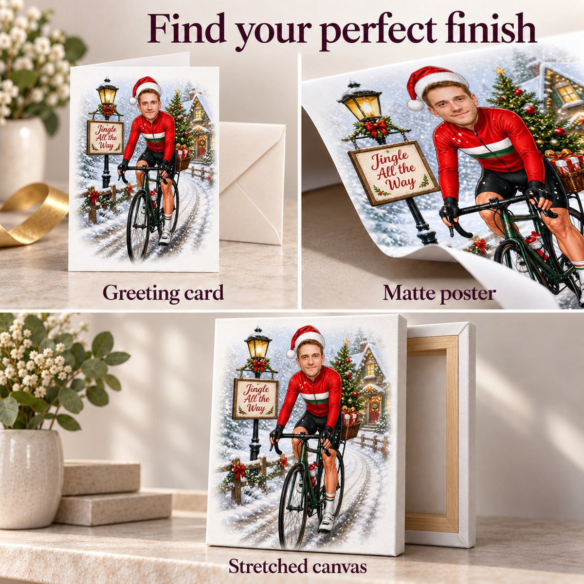 Greeting card, matte poster, and stretched canvas finishes shown for the cycling Christmas design.
