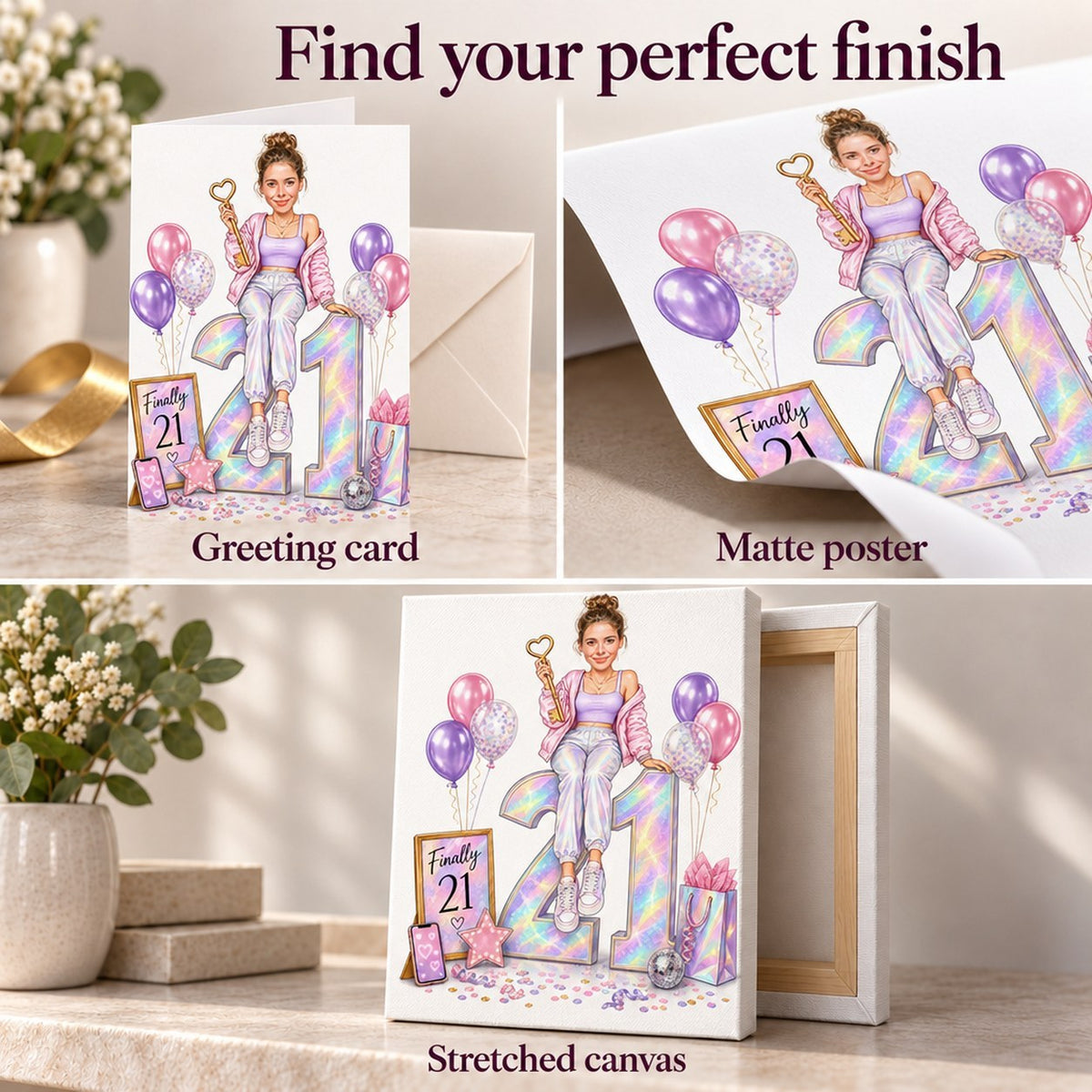 Closeups of greeting card, matte poster, and stretched canvas textures and edges.
