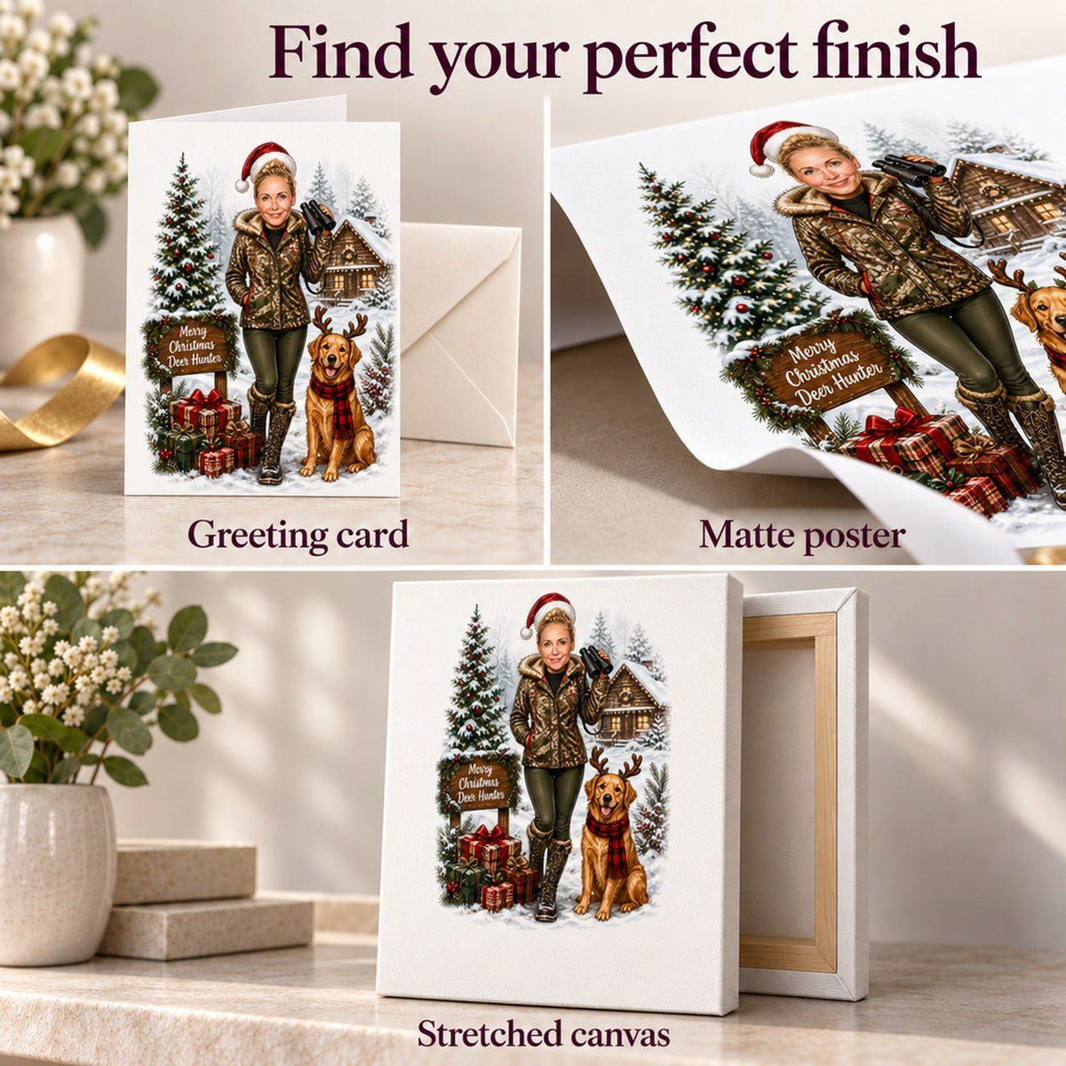 Greeting card, matte poster prints, and stretched canvas textures shown up close.