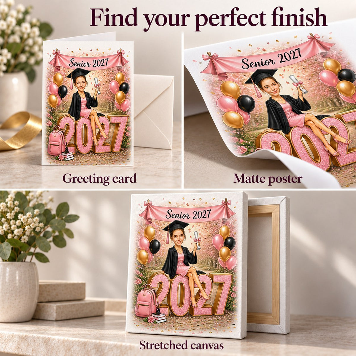 Greeting card, matte poster, and stretched canvas finishes for custom graduation artwork.