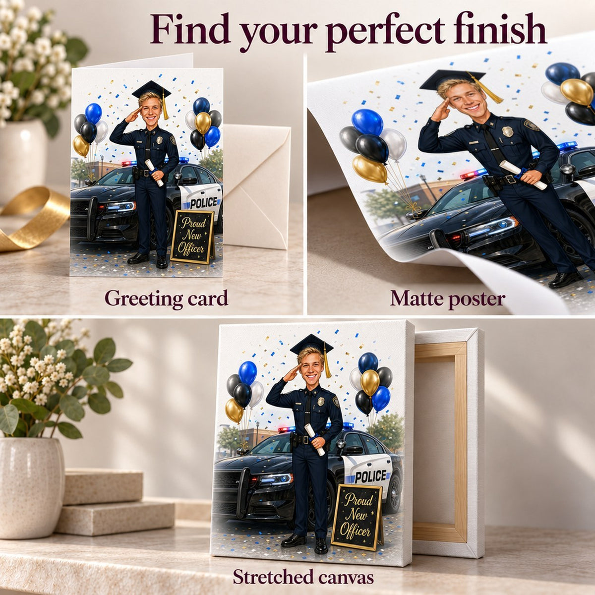 Matte poster, stretched canvas, and folded greeting card finishes shown side by side