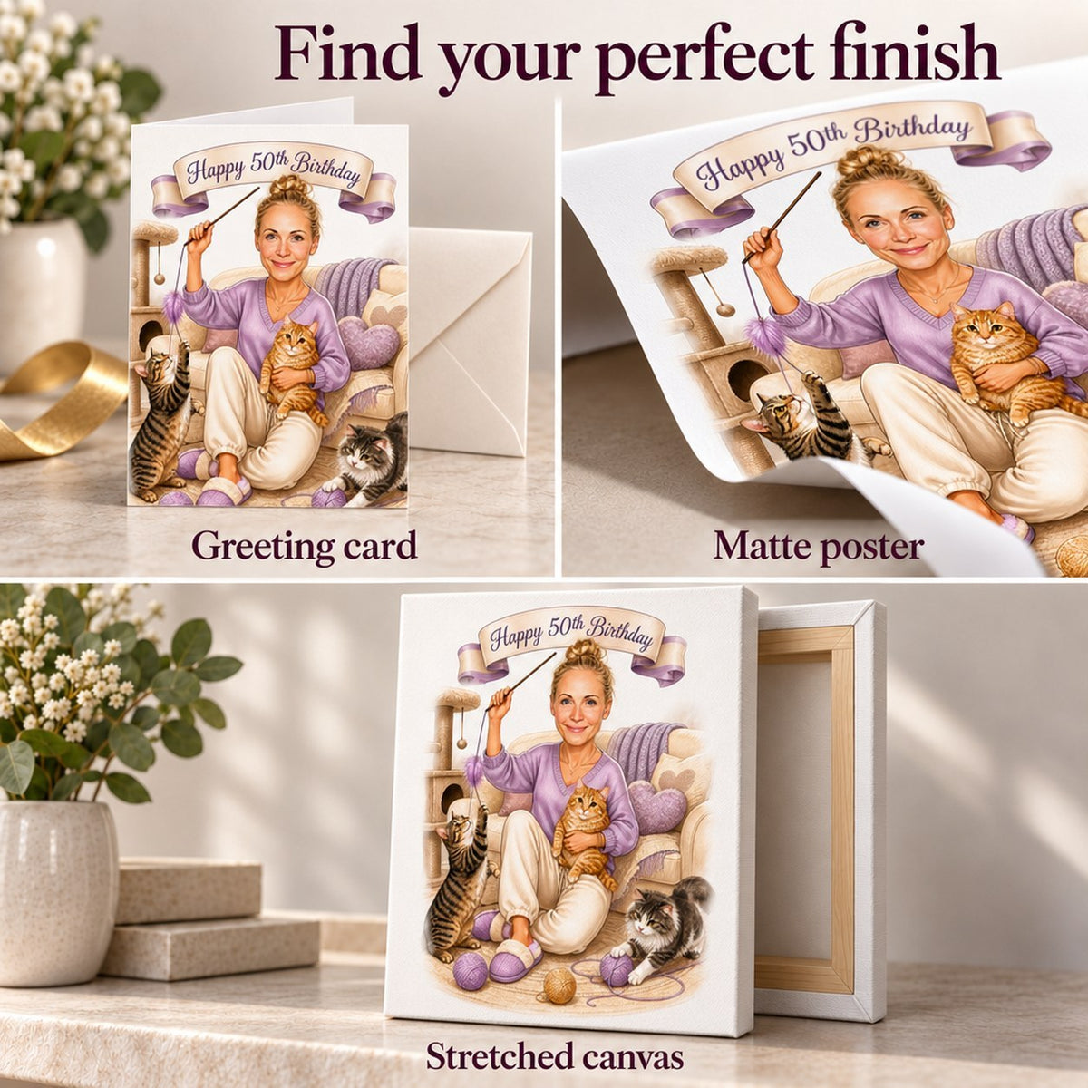 Matte poster, greeting card with envelope, and stretched canvas texture closeups.