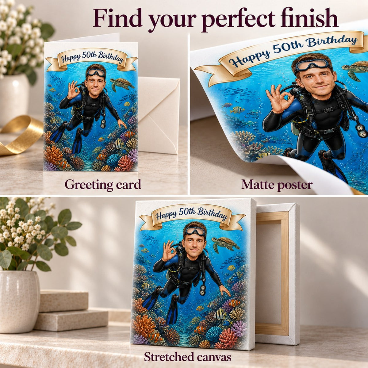 Closeups of greeting card, matte poster, and stretched canvas with vivid underwater colors.