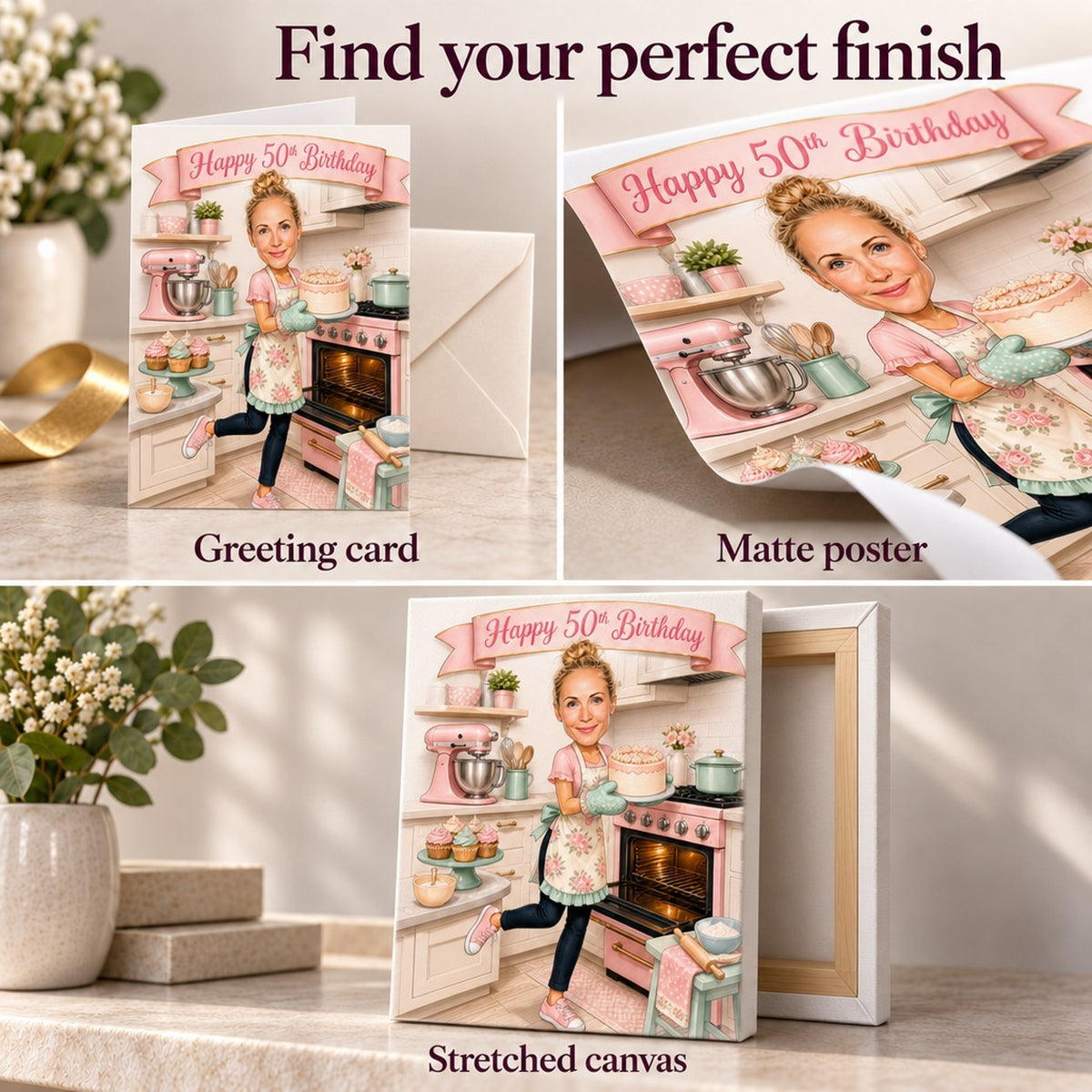 Greeting card, matte poster, and stretched canvas finishes for the baking caricature.