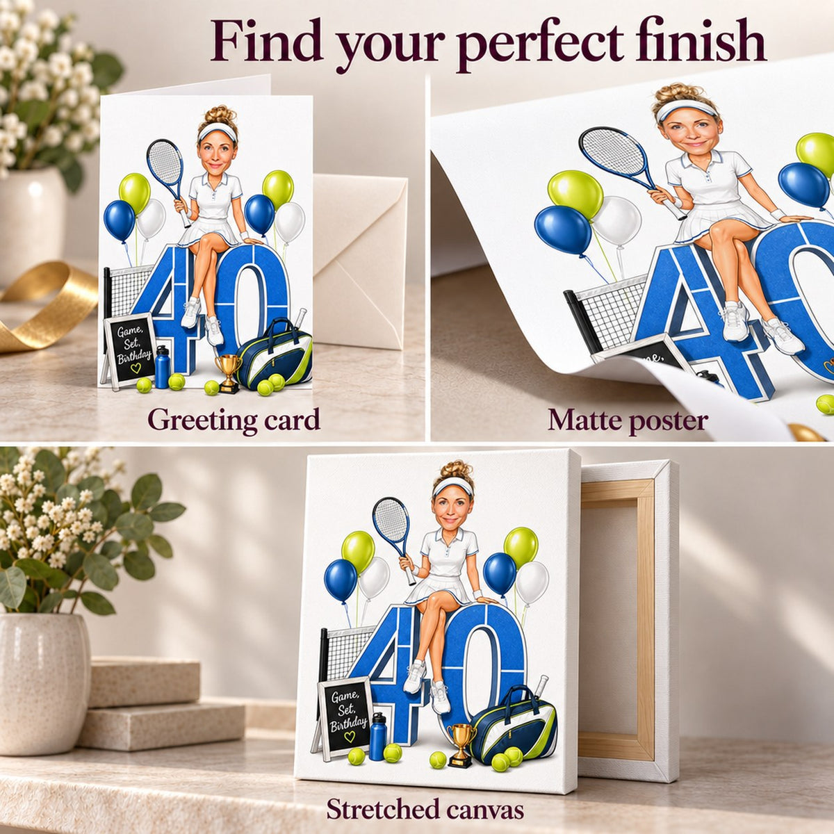 Greeting card, matte poster, and stretched canvas finishes shown up close.