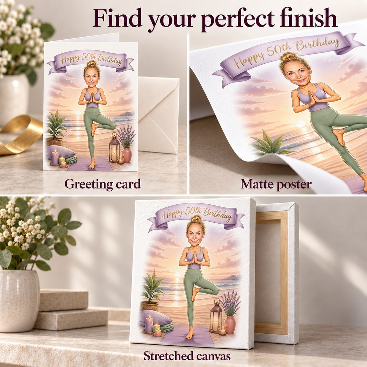 Closeups of matte poster, 5x7 card with envelope, and gallery-wrapped canvas.
